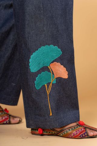 Denim Embroidered High Waist Pant