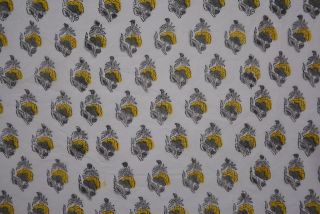 Yellow And Grey Floral Block Print Cotton Fabric