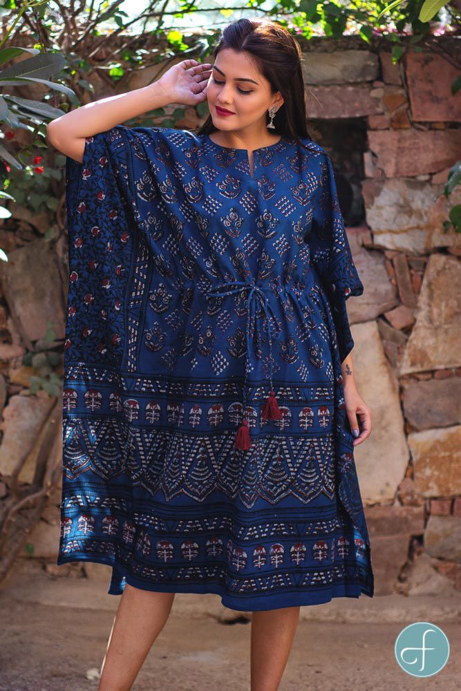 Natural Dye Indigo Block Printed Cotton Kaftan Dress