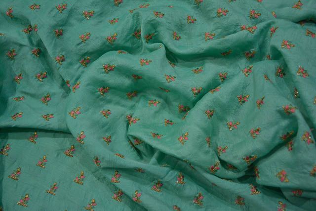Biscay Green Golden Work Indian Chanderi Silk Fabric