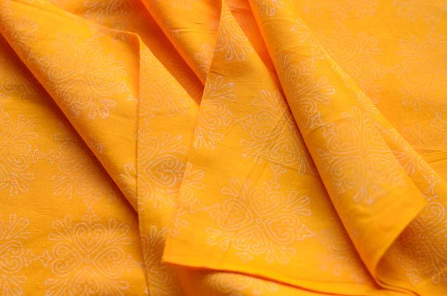 Yellow And White Khari Print Rayon Fabric