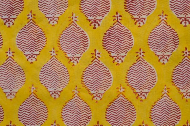 Yellow And Red Fish Block Print Mulmul Fabric