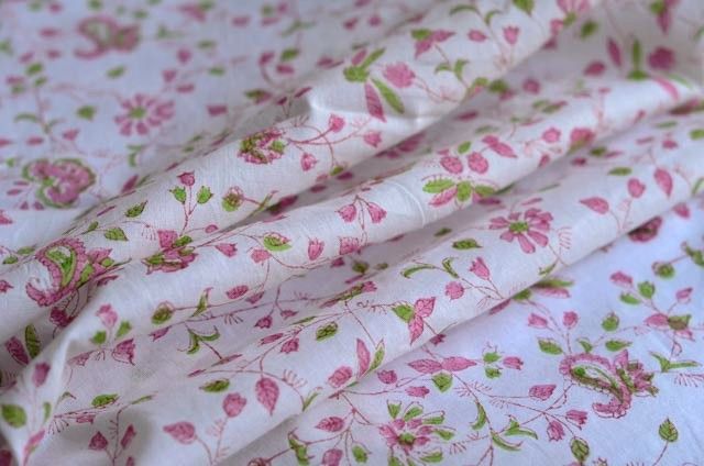 Pink & Green Floral Mulmul Cotton Fabric
