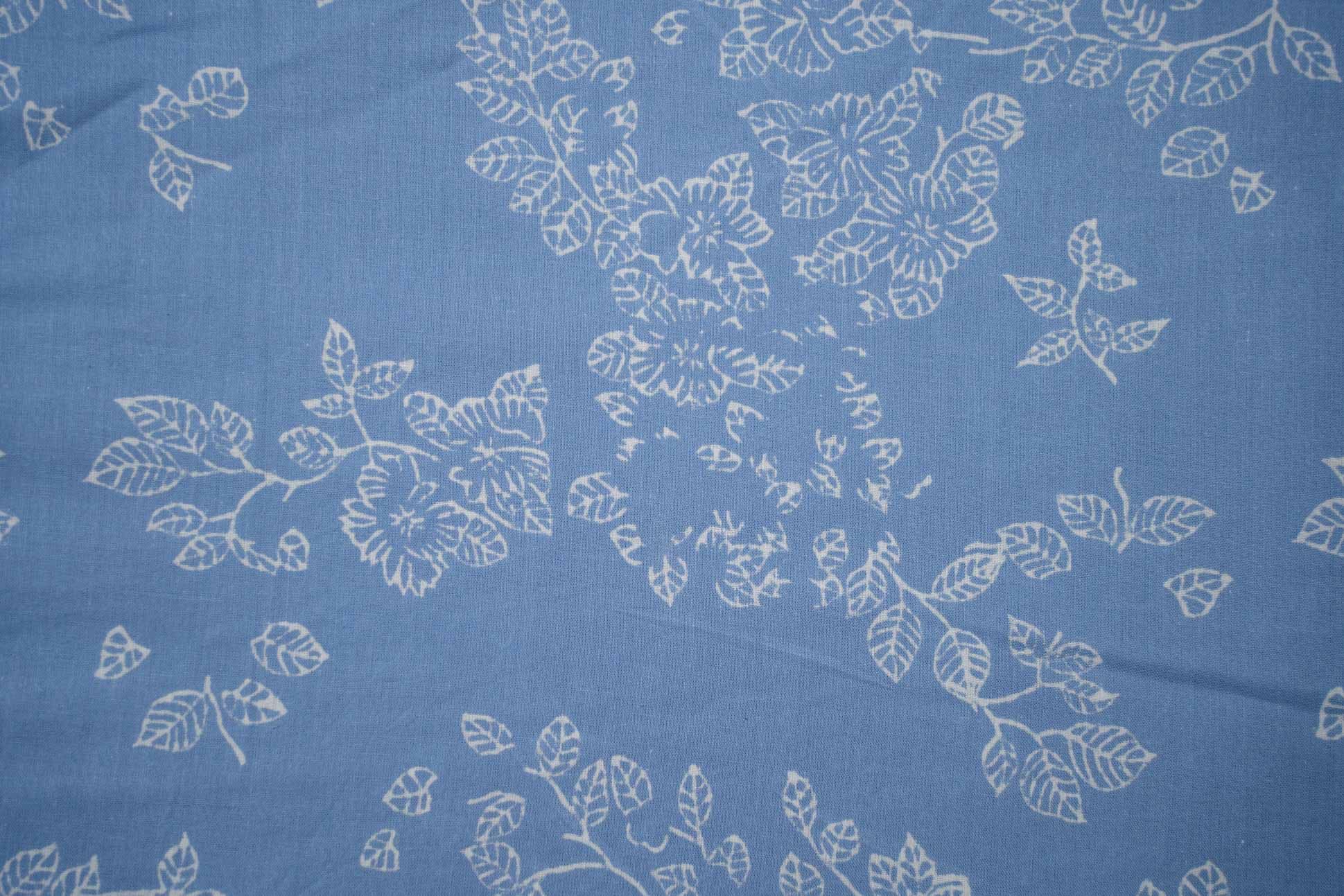 Ice Blue Floral Block Print Cotton Fabric