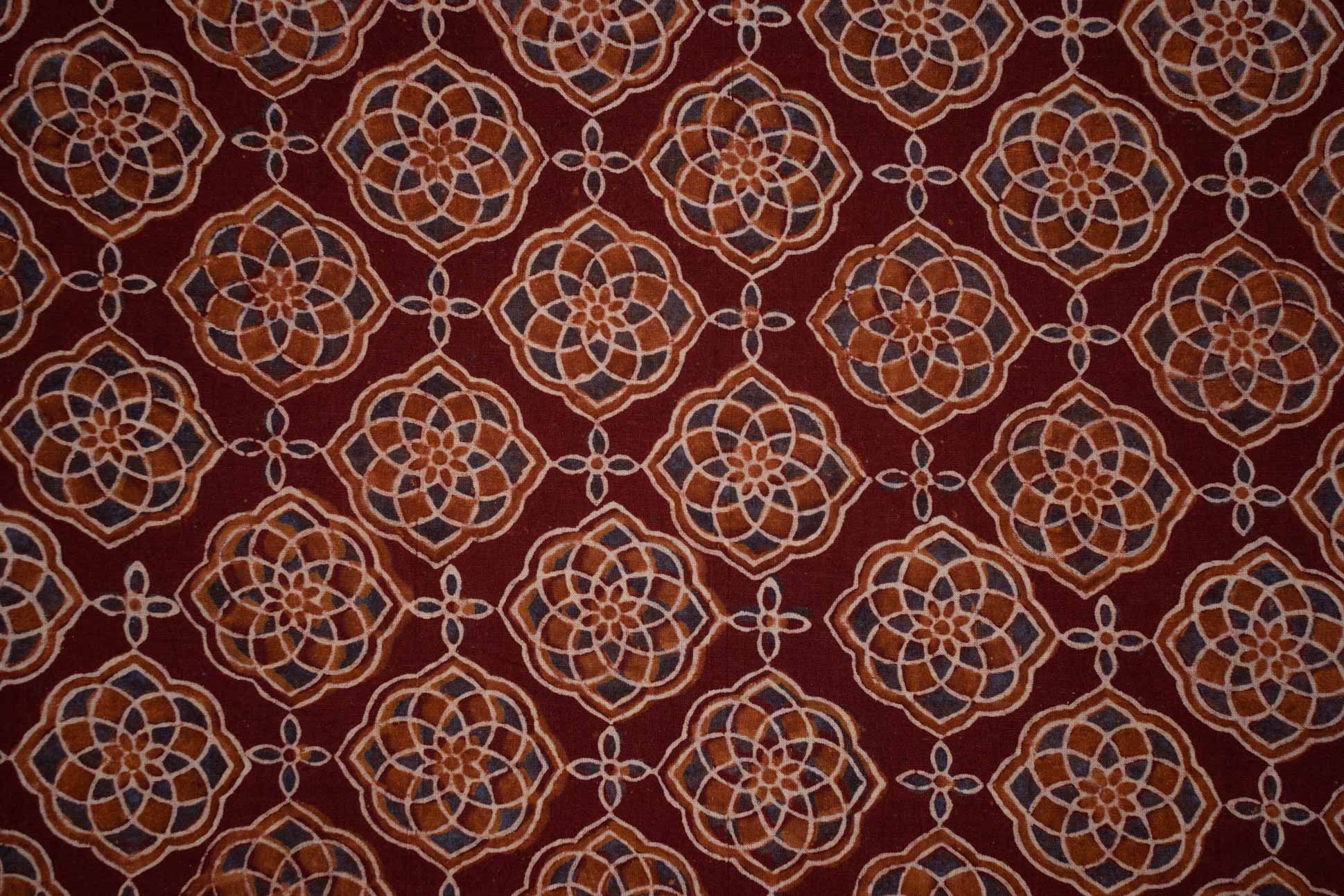 Rust Floral Ajrakh Block Printed Fabric