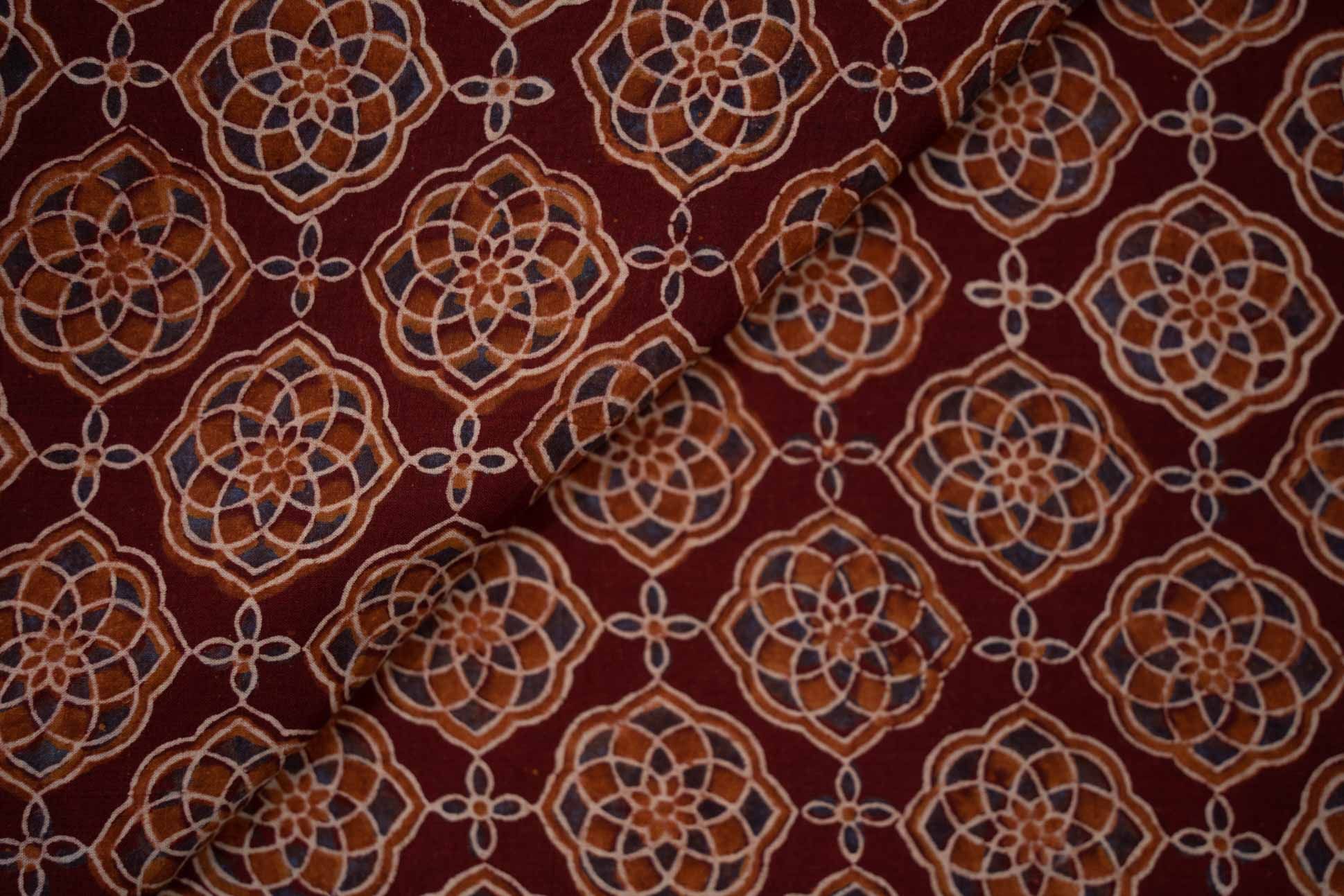 Rust Floral Ajrakh Block Printed Fabric
