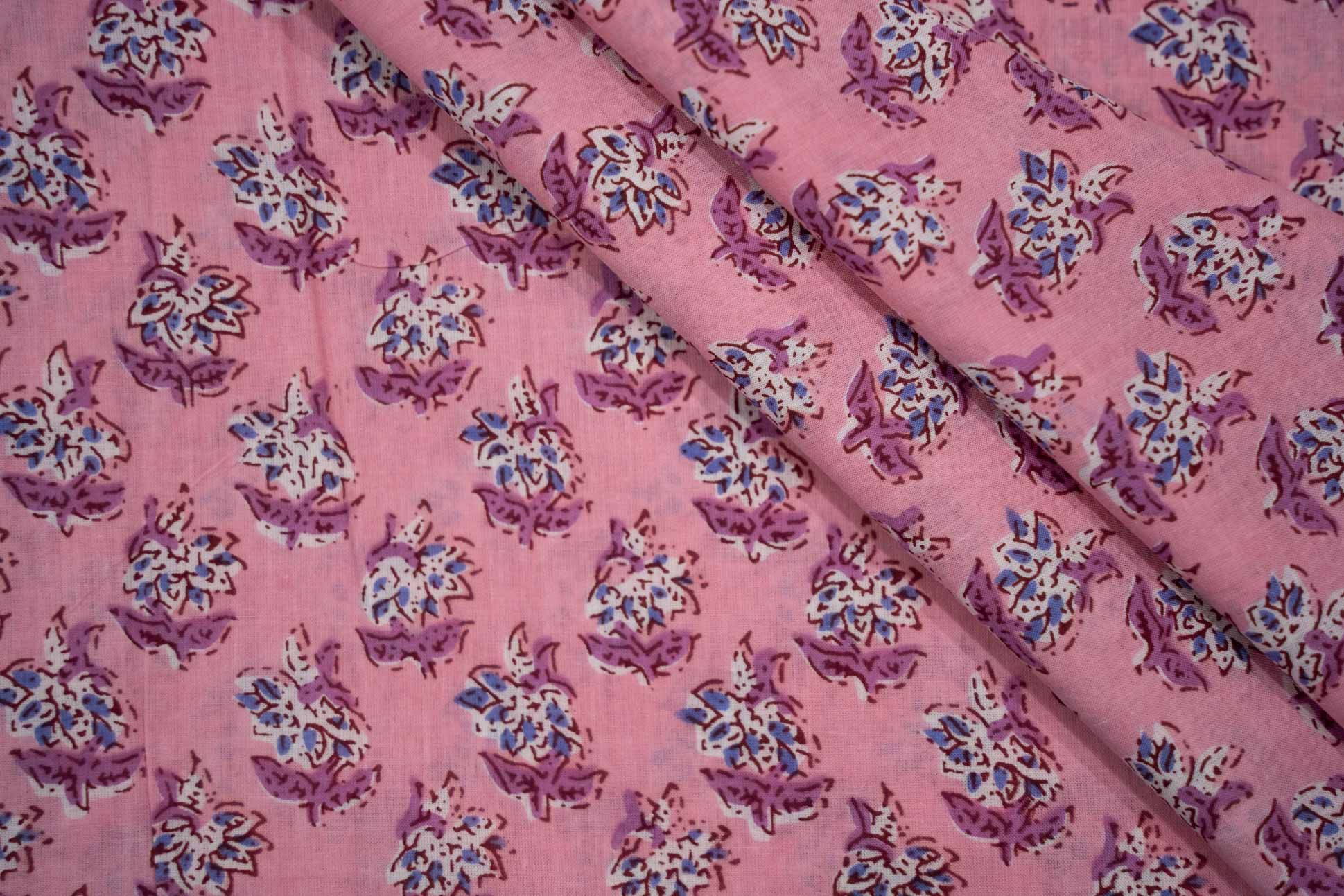 Pink Floral Block Print Cotton Fabric