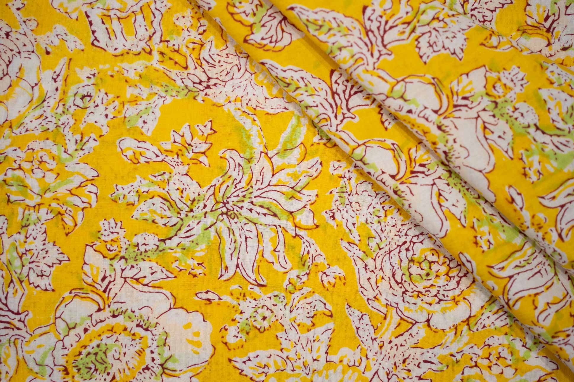 Yellow Floral Block Printed Fabric