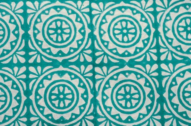 Turquoise Block Print Cotton Upholstery Fabric