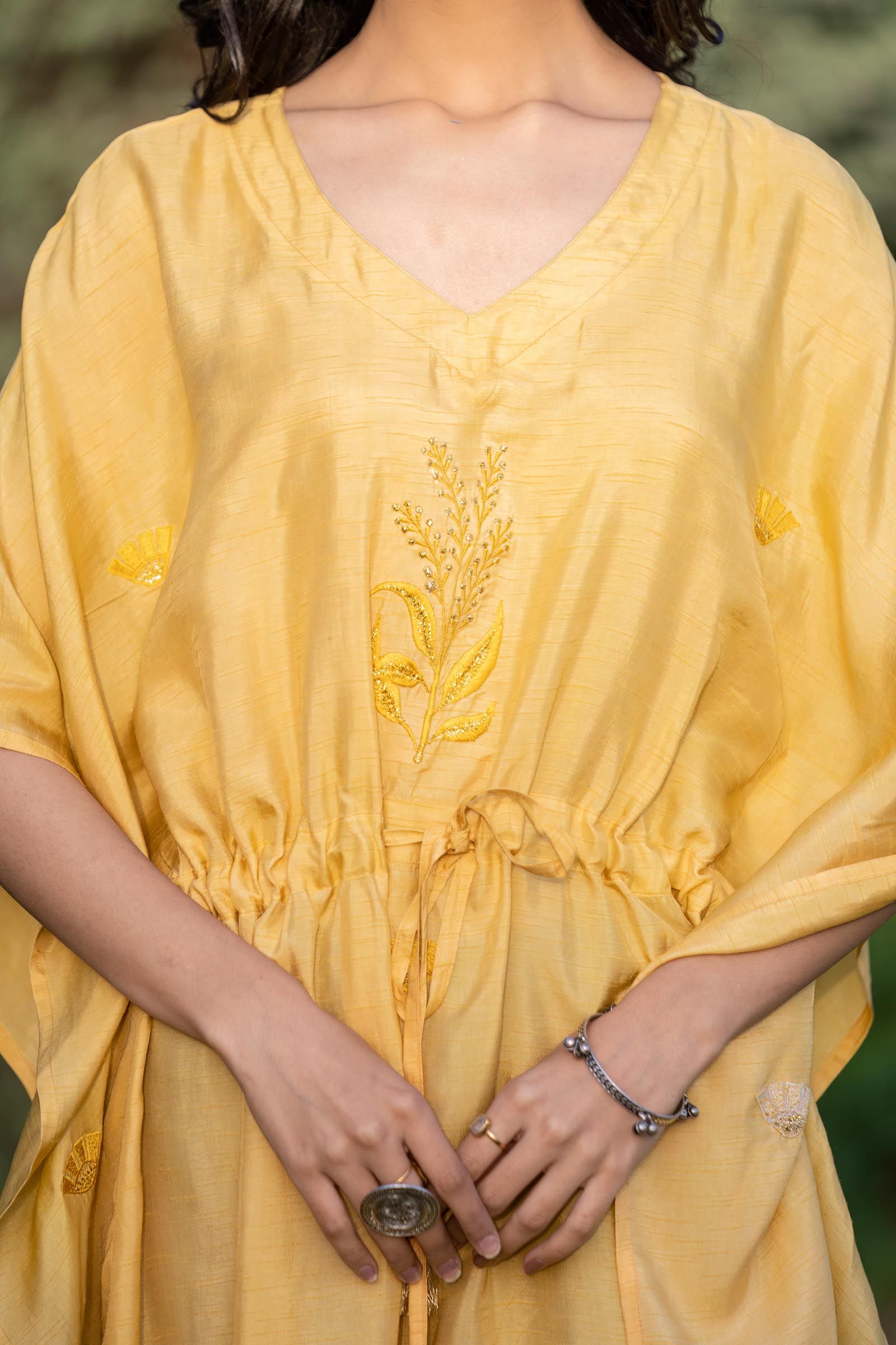 Mango Yellow Embroidered Dola Silk Kaftan
