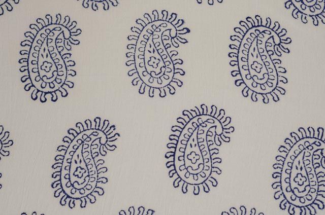 White And Blue Paisley Block Print Fabric