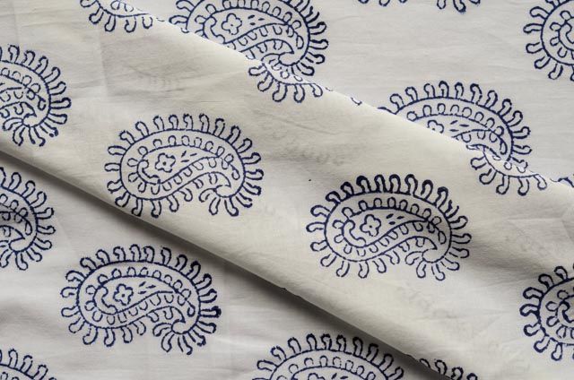 White And Blue Paisley Block Print Fabric