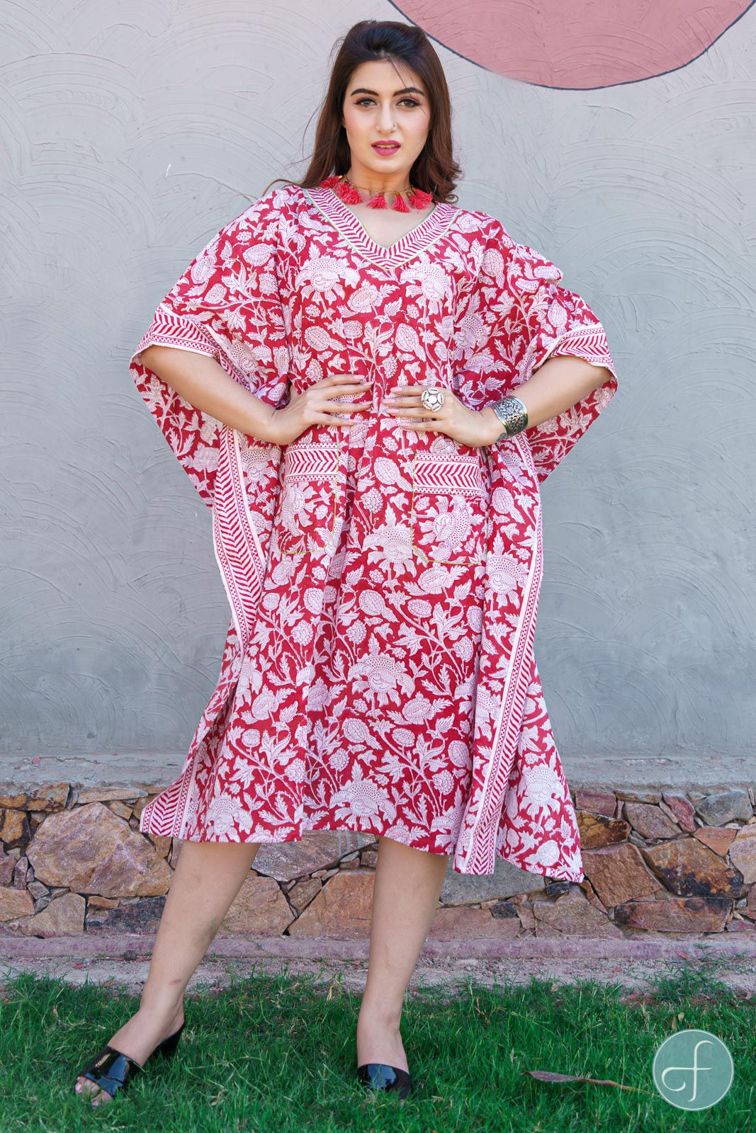 Red And White Floral Block Print Kaftan 