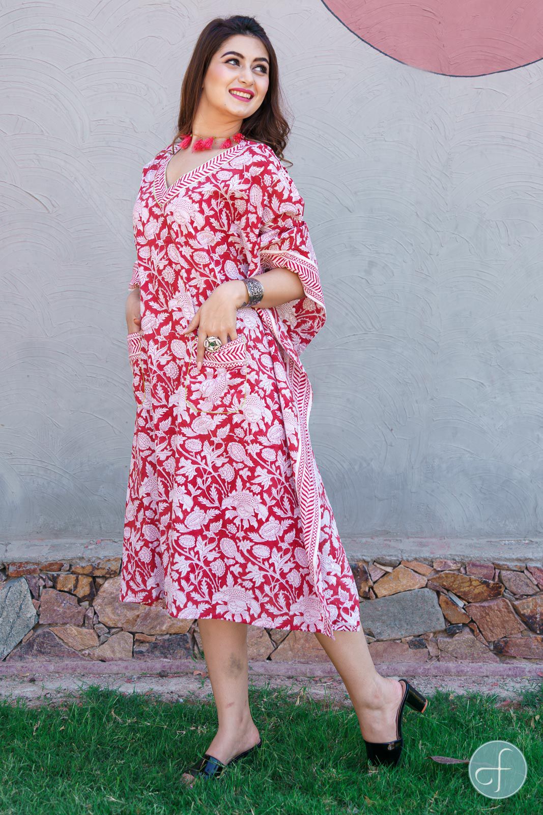 Red And White Floral Block Print Kaftan 