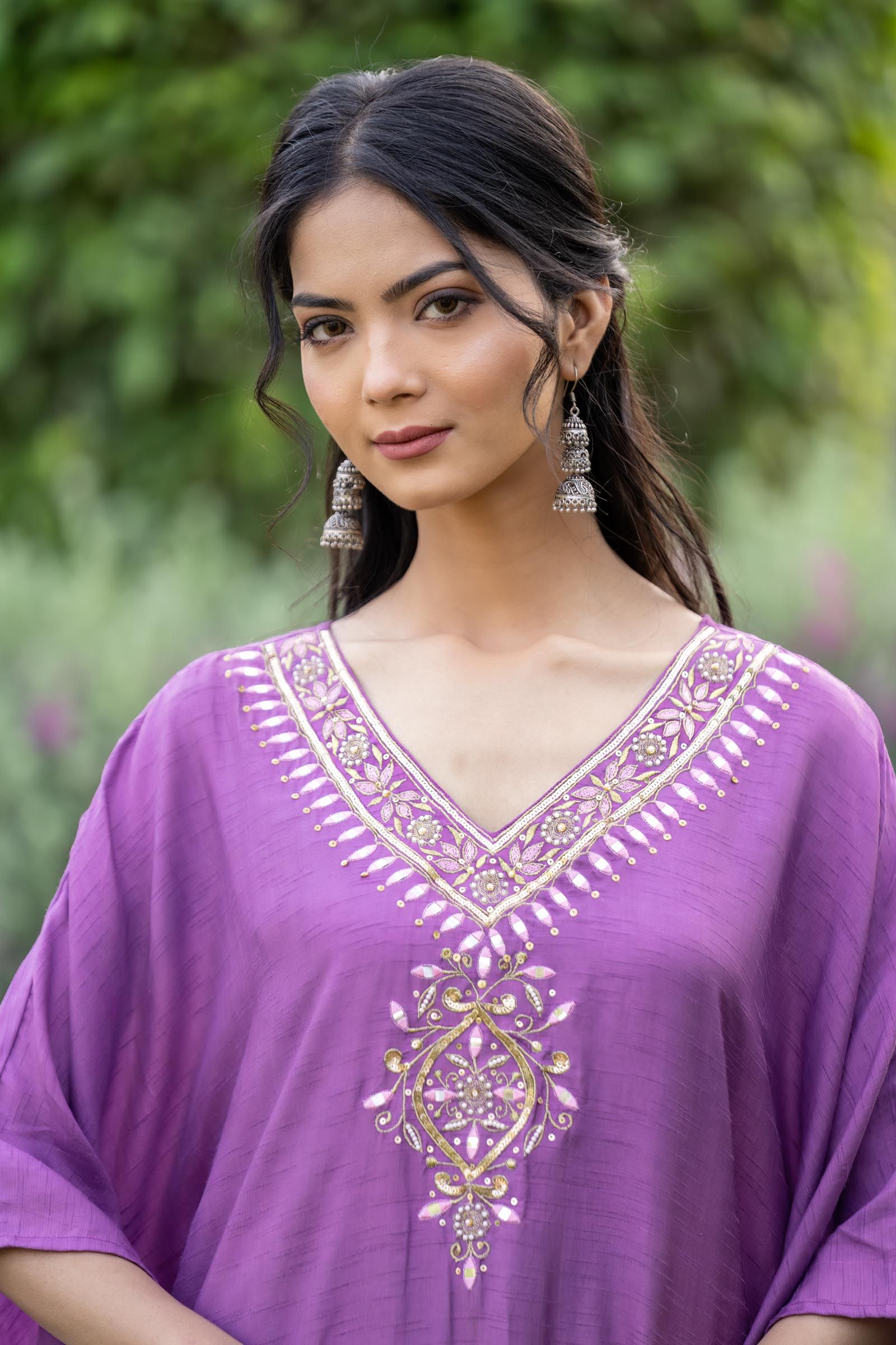 Pansy Purple Embroidered Dola Silk Kaftan