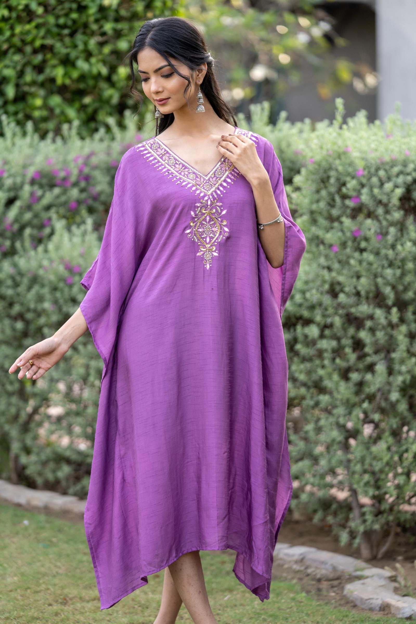 Pansy Purple Embroidered Dola Silk Kaftan