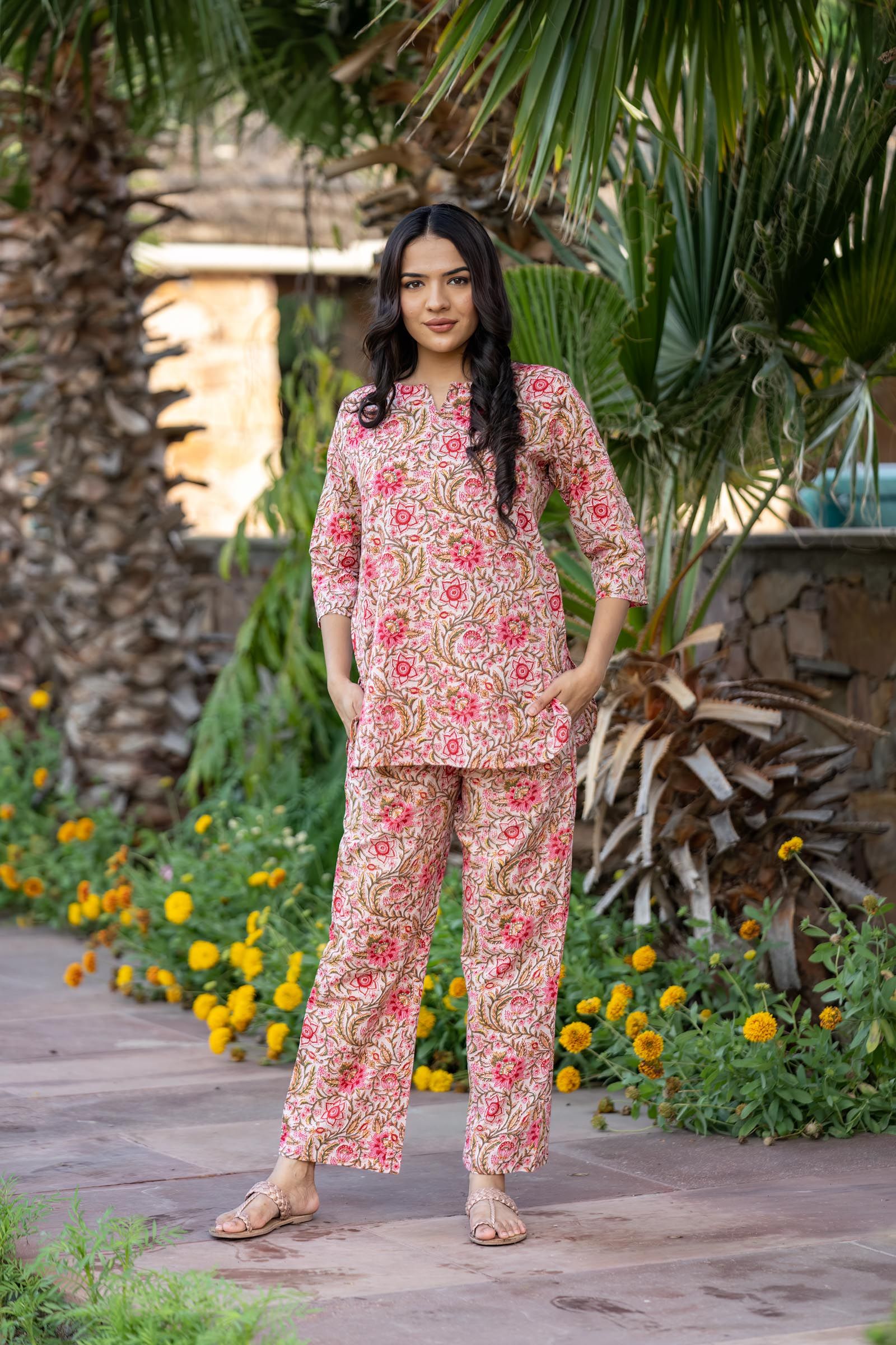 Solid Nightdress & Floral Print Belted Robe | Plus Size Fashion