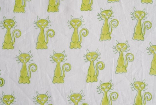 White And Neon Green Cat Block Print Mulmul Fabric
