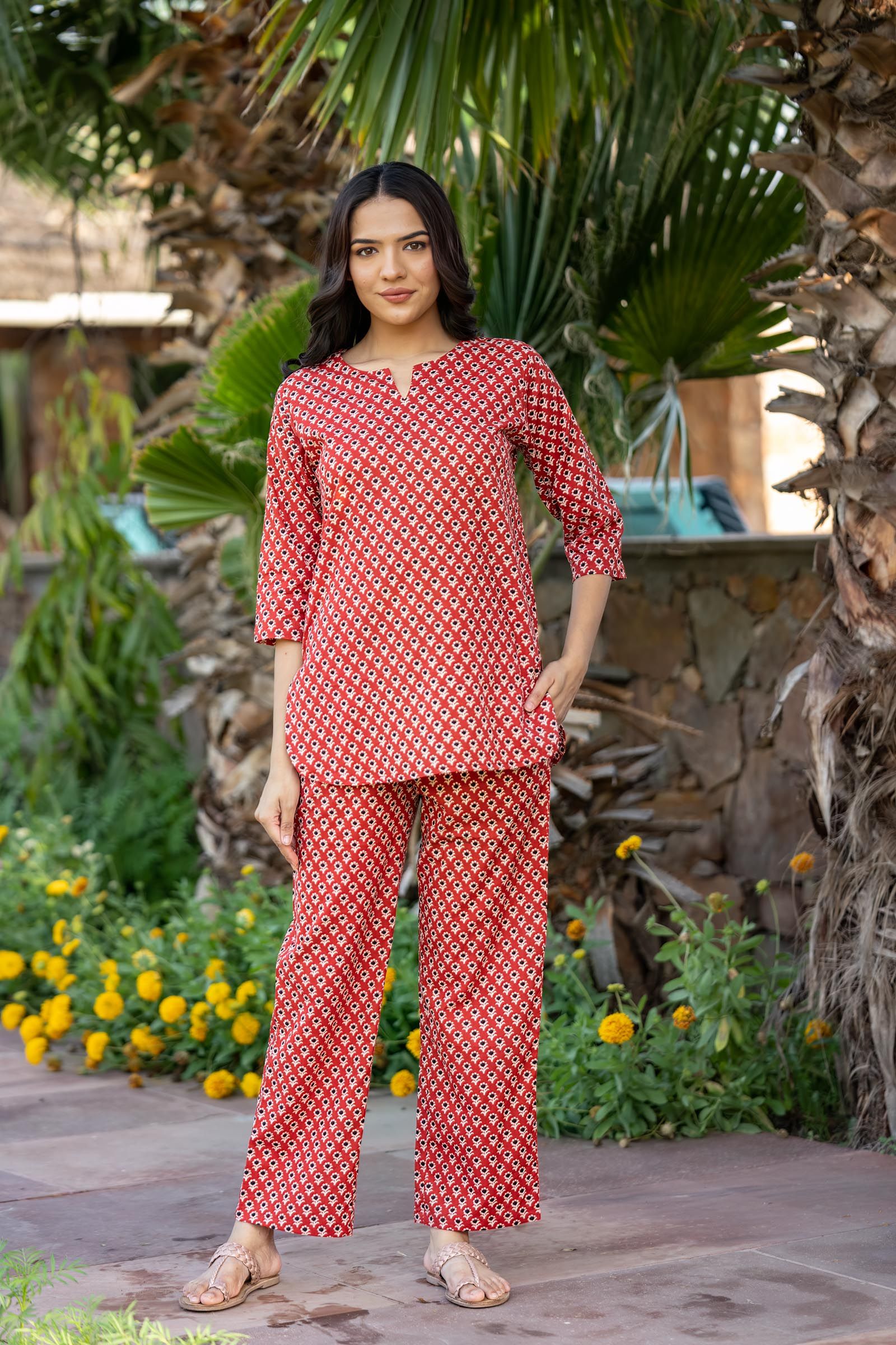 Red Floral Printed Night Suit