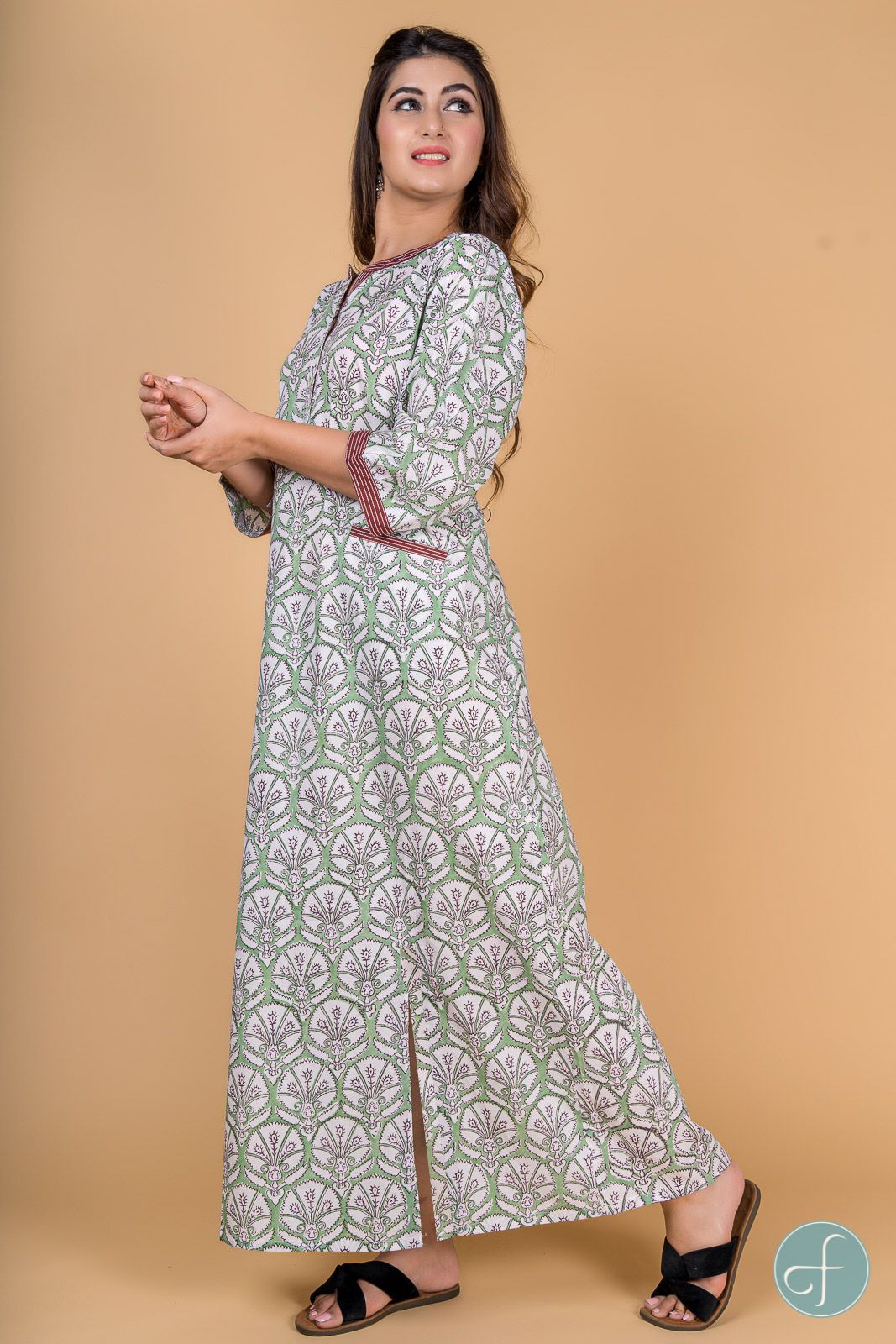 Green Floral Block Print Night Gown