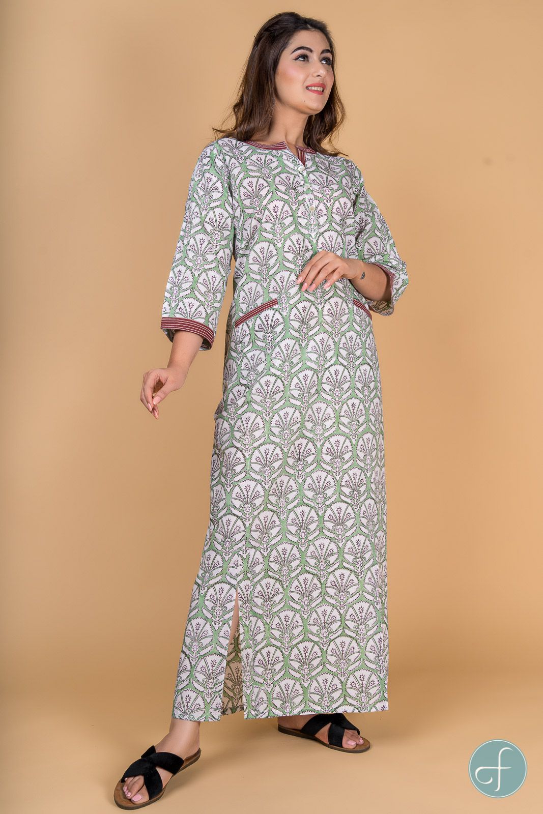 Green Floral Block Print Night Gown