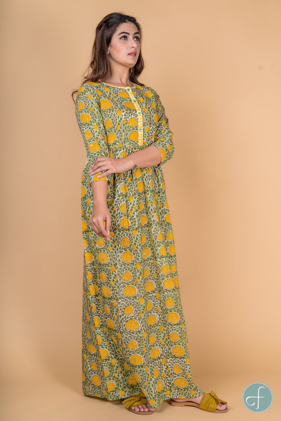 Green And Yellow Block Print Night Gown