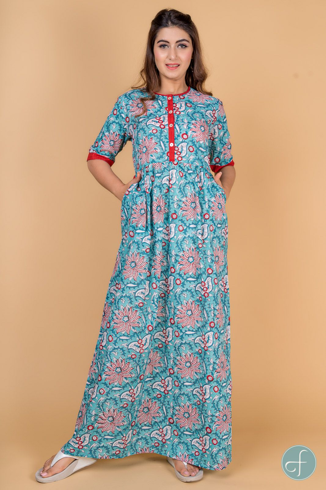 Blue Red Block Print Night Gown