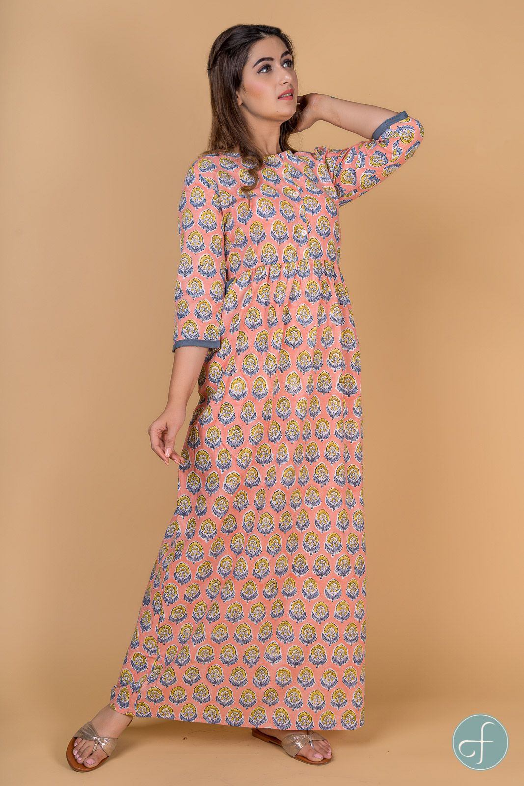 Peach And Grey Block Print Night Gown