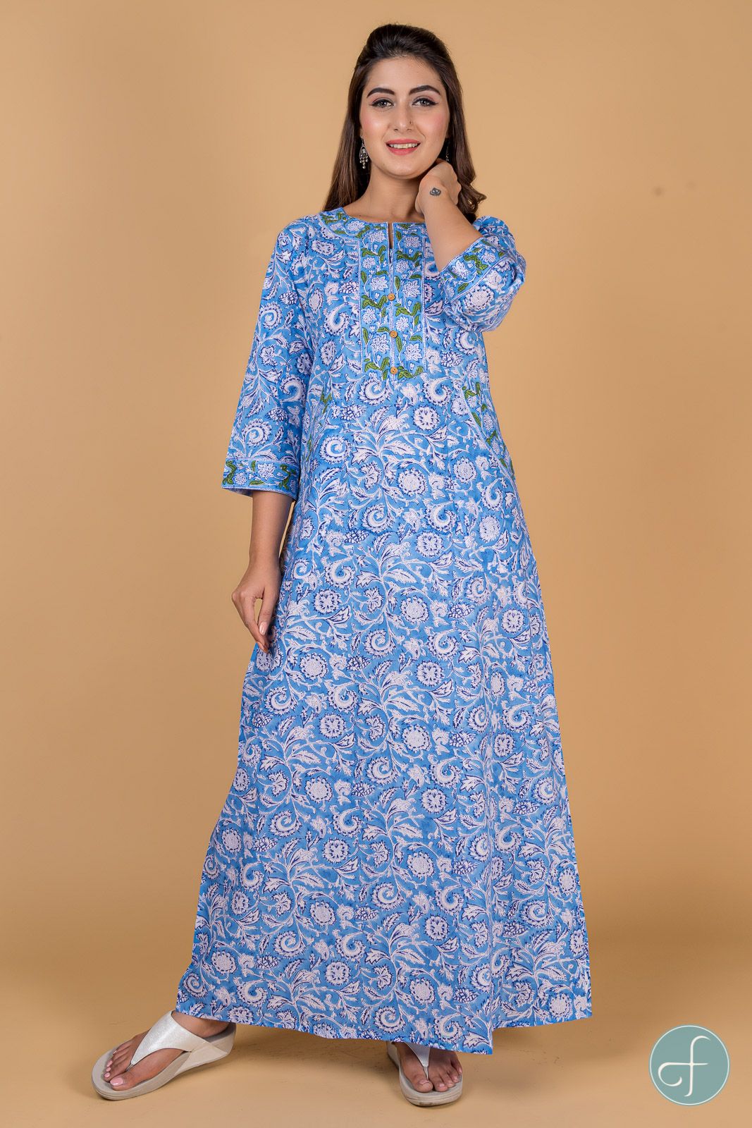 Blue Floral Block Print Night Gown