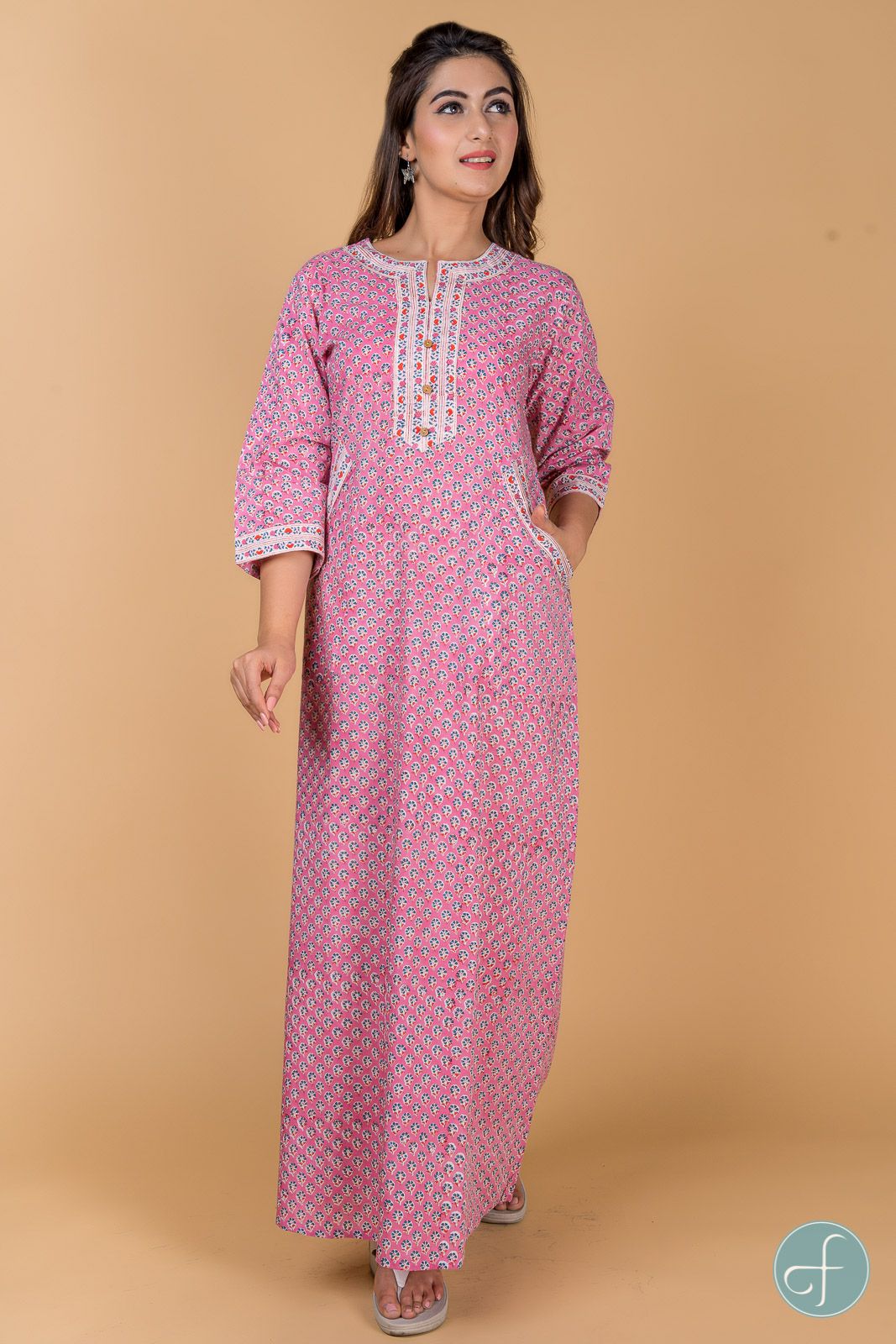 Pink Floral Block Print Night Gown
