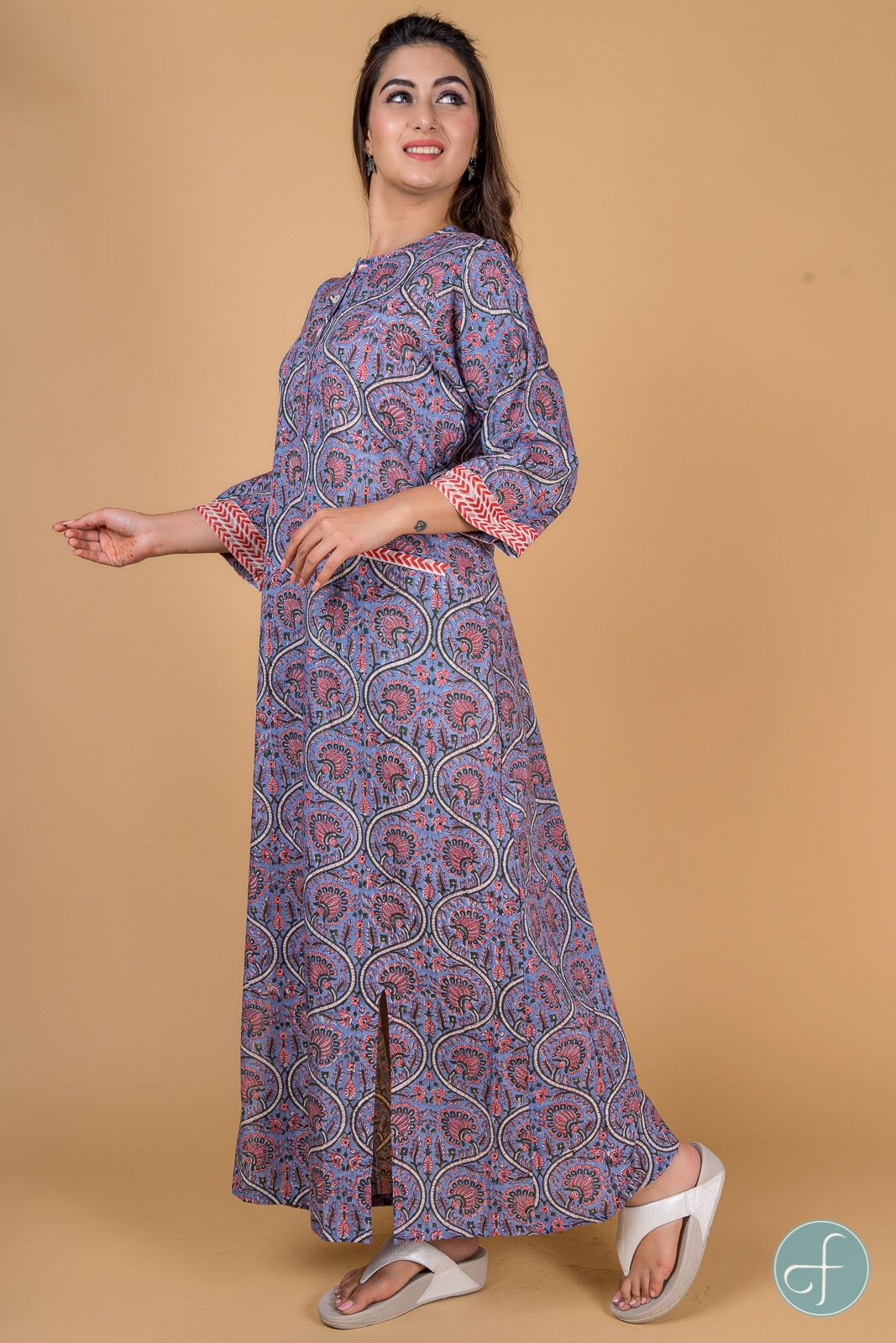 Blue Red Block Print Night Gown