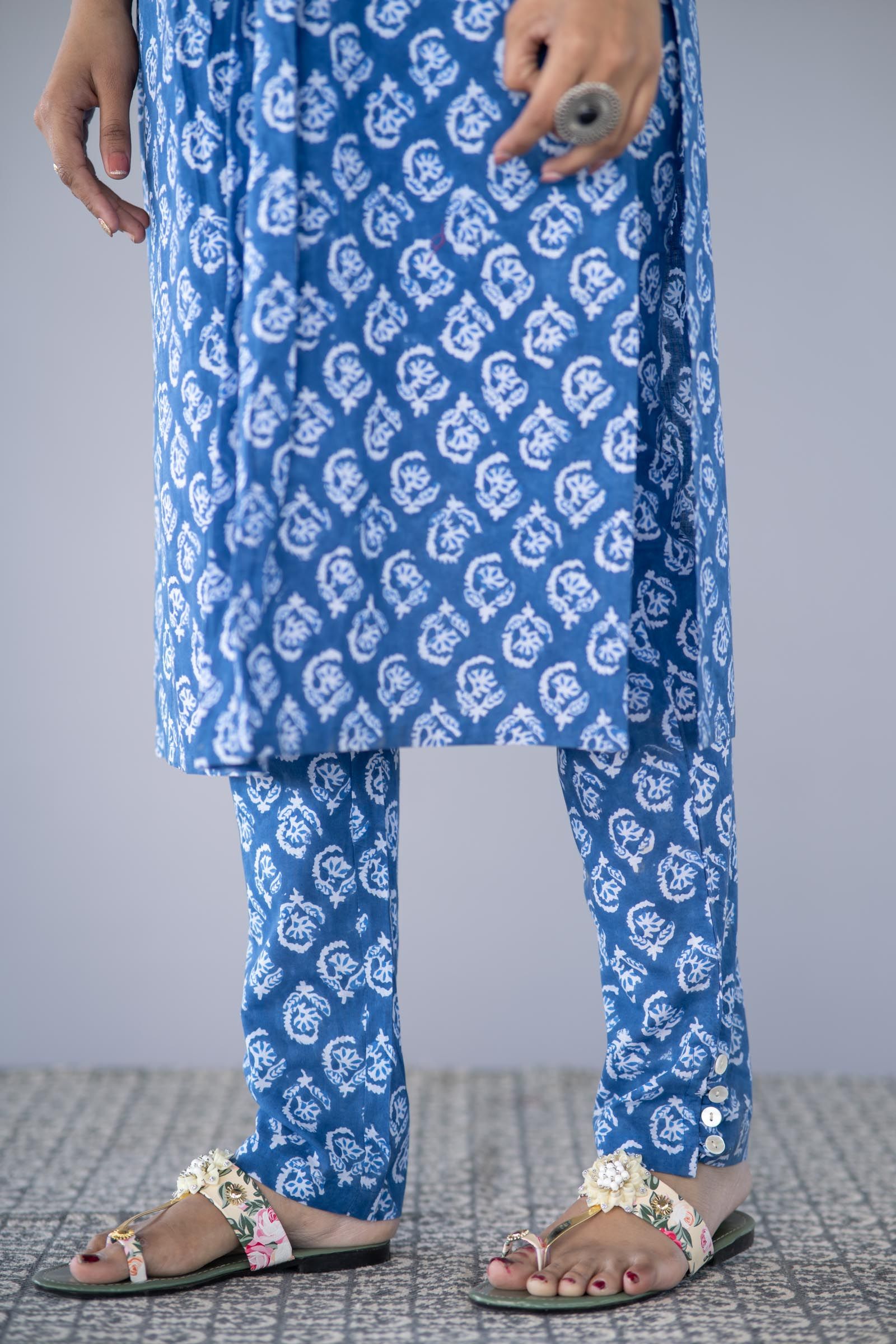 Blue Block Printed Kurta Pant Set