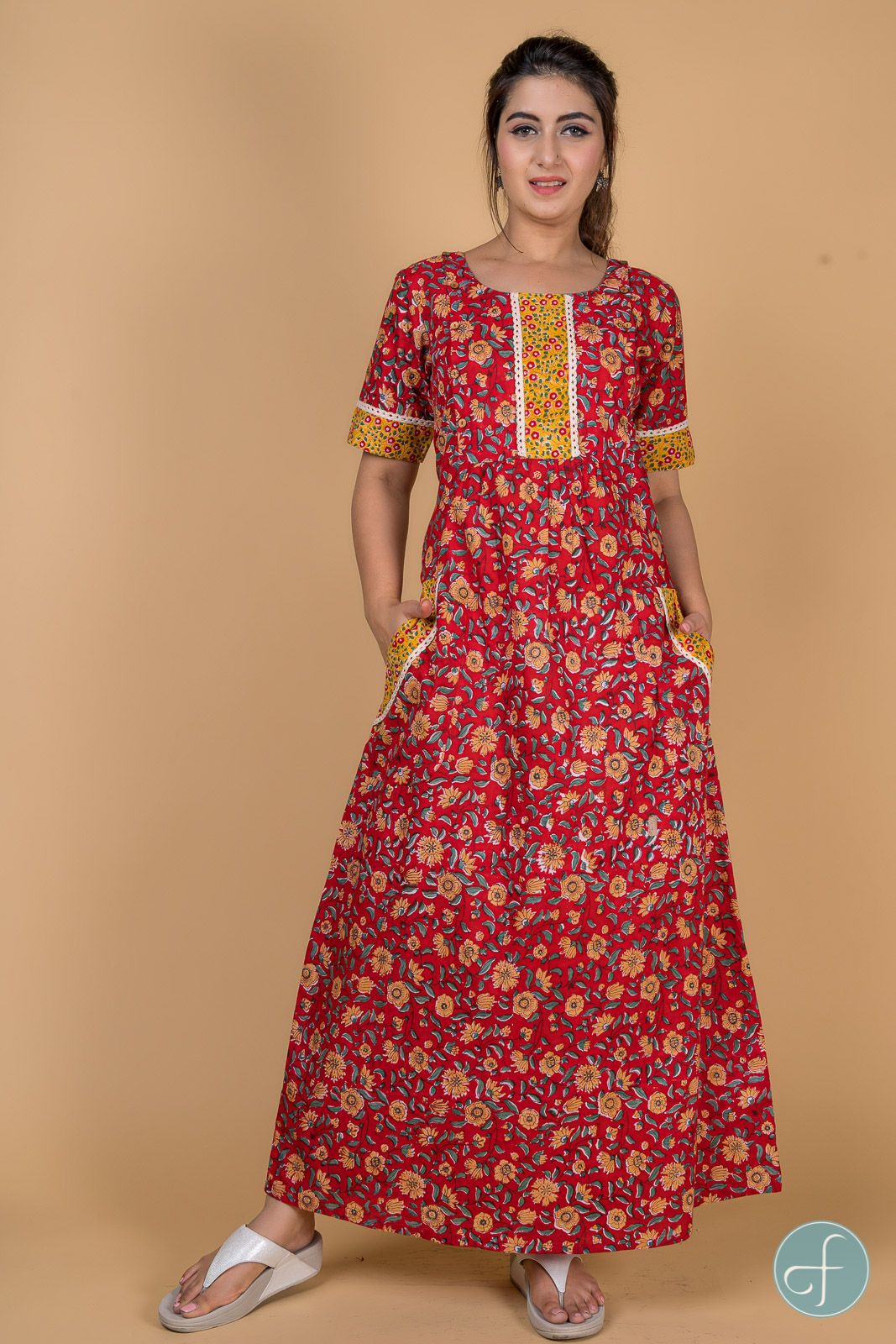 Red Yellow Block Print Night Gown