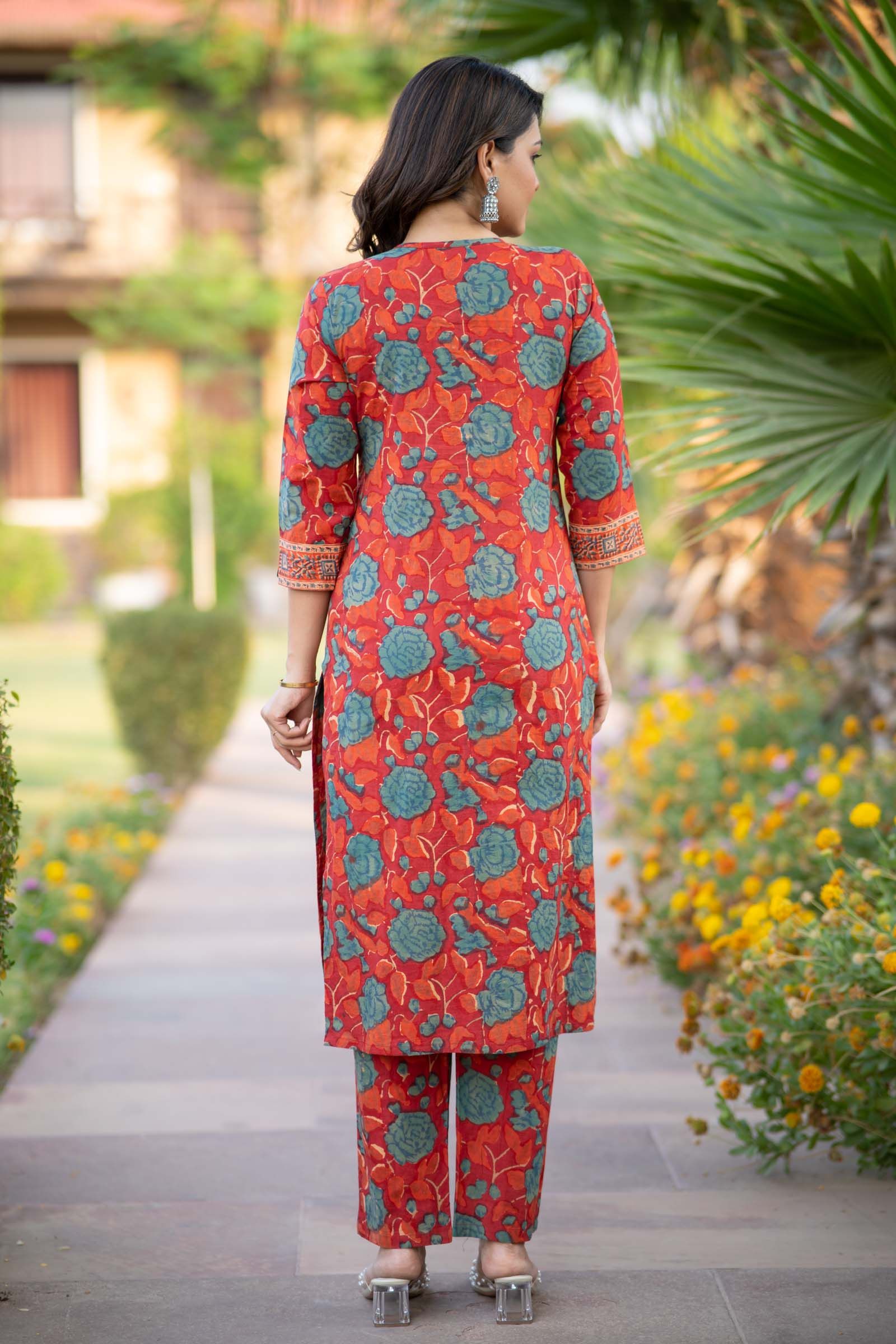 Red Block Printed Kurta Set