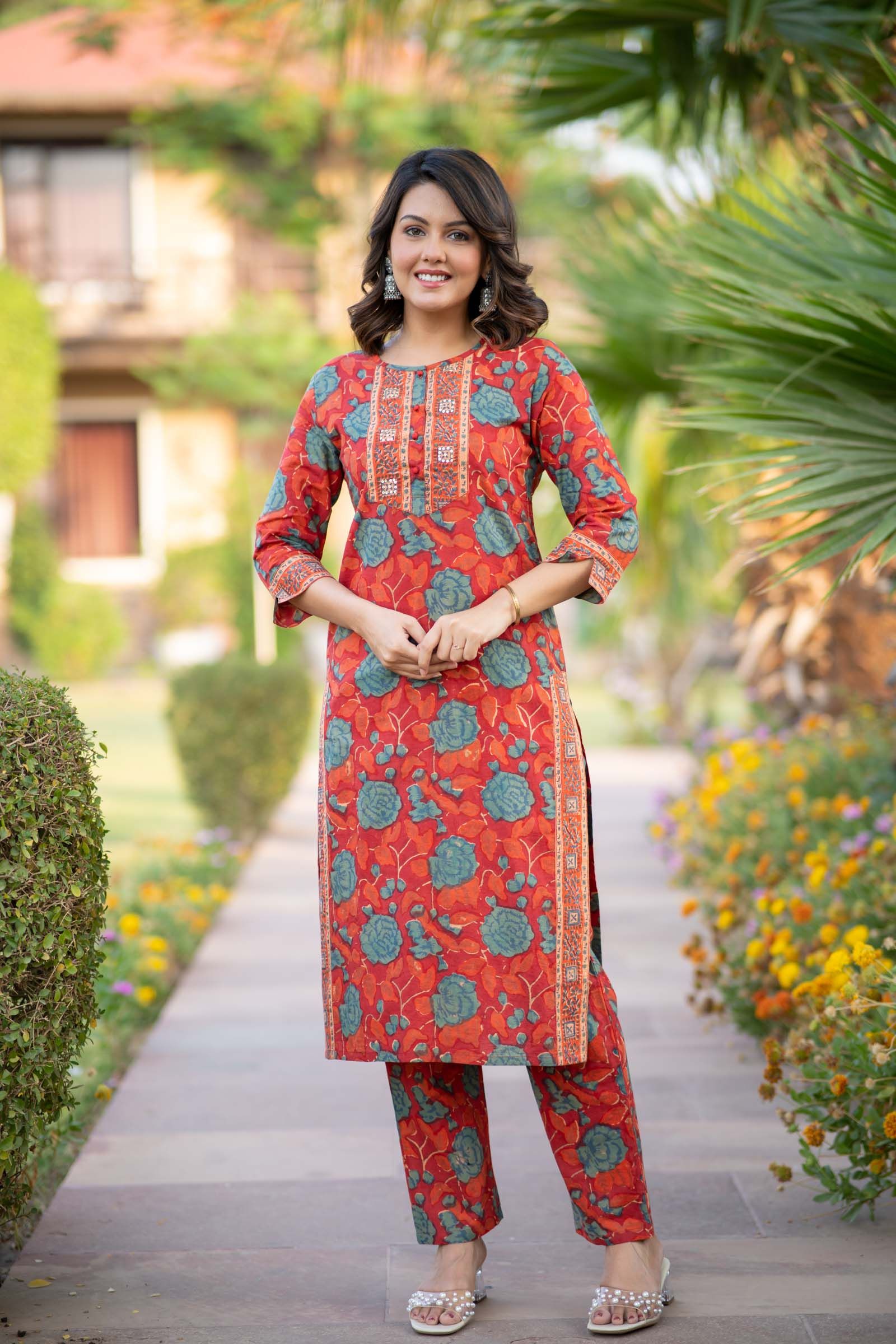 Red Block Printed Kurta Set