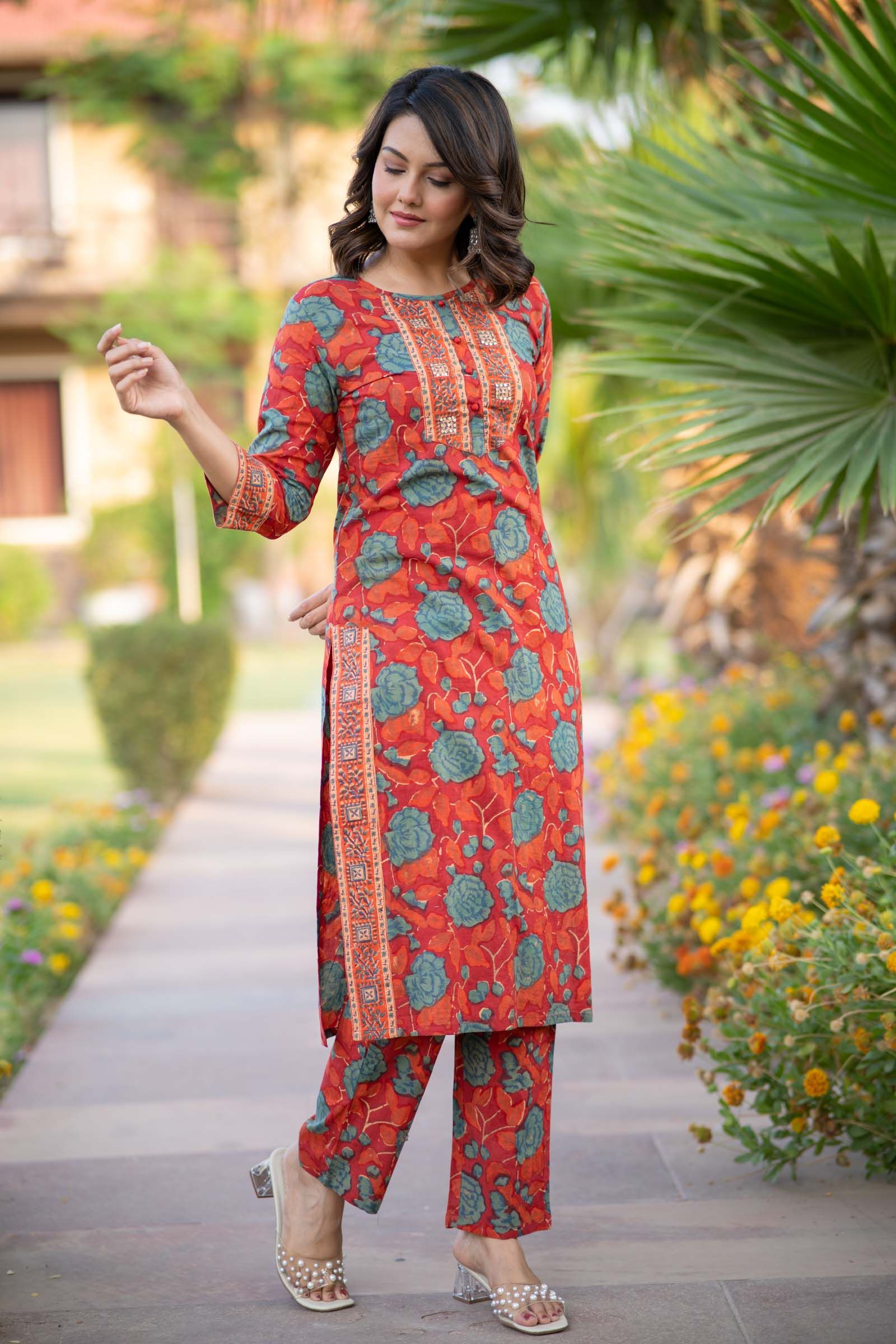 Red Block Printed Kurta Set