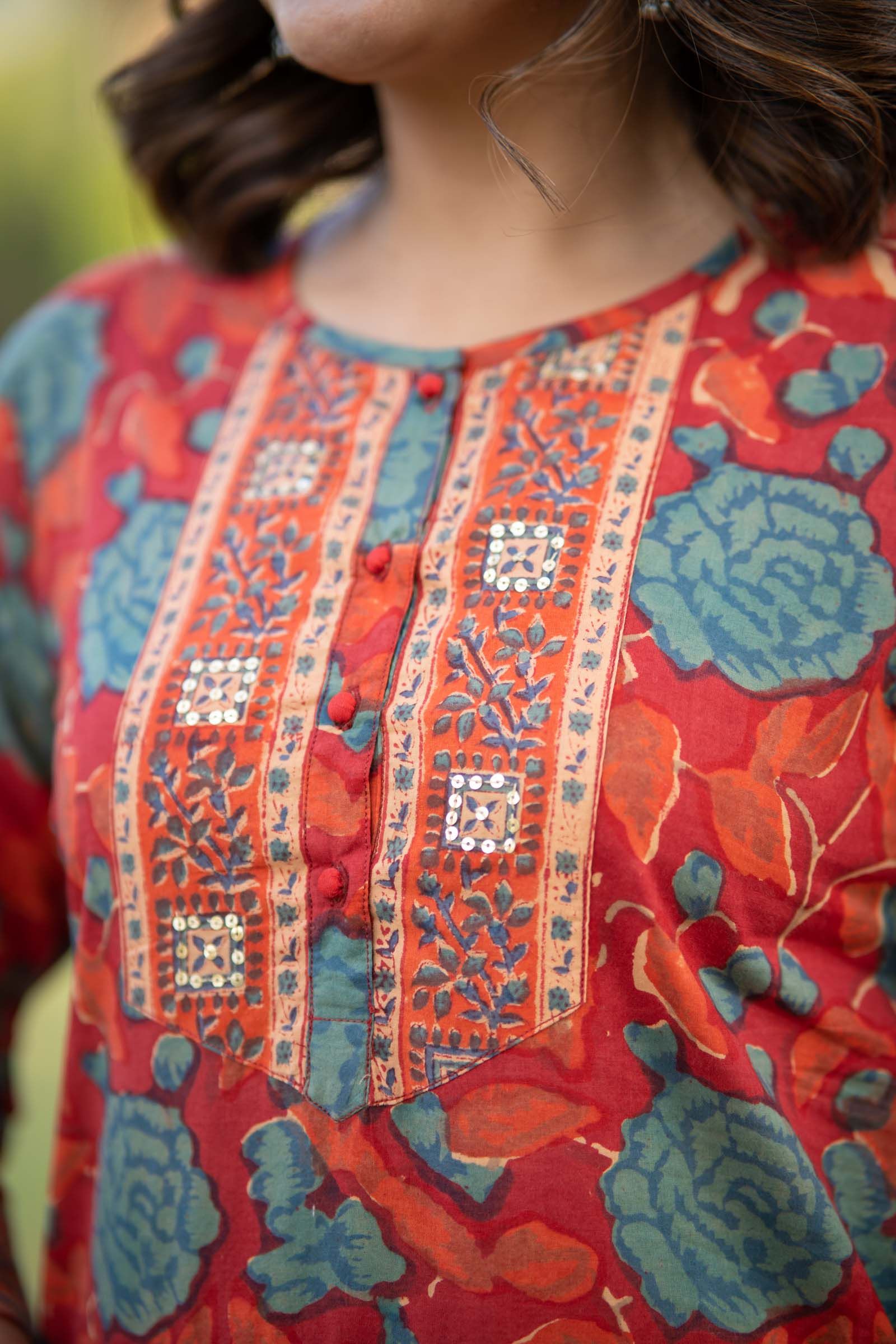 Red Block Printed Kurta Set