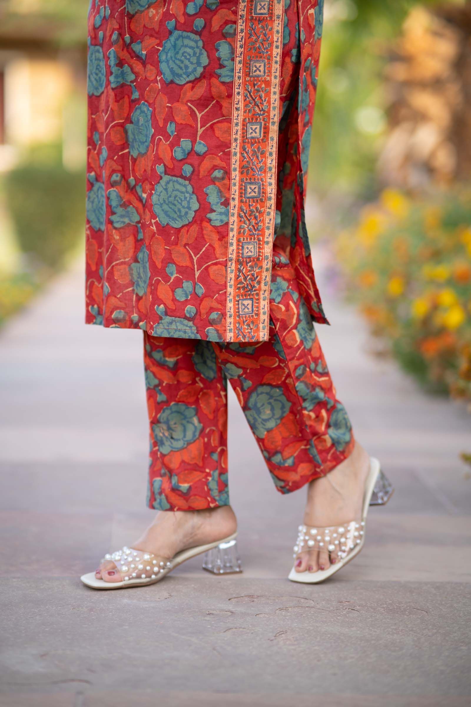 Red Block Printed Kurta Set