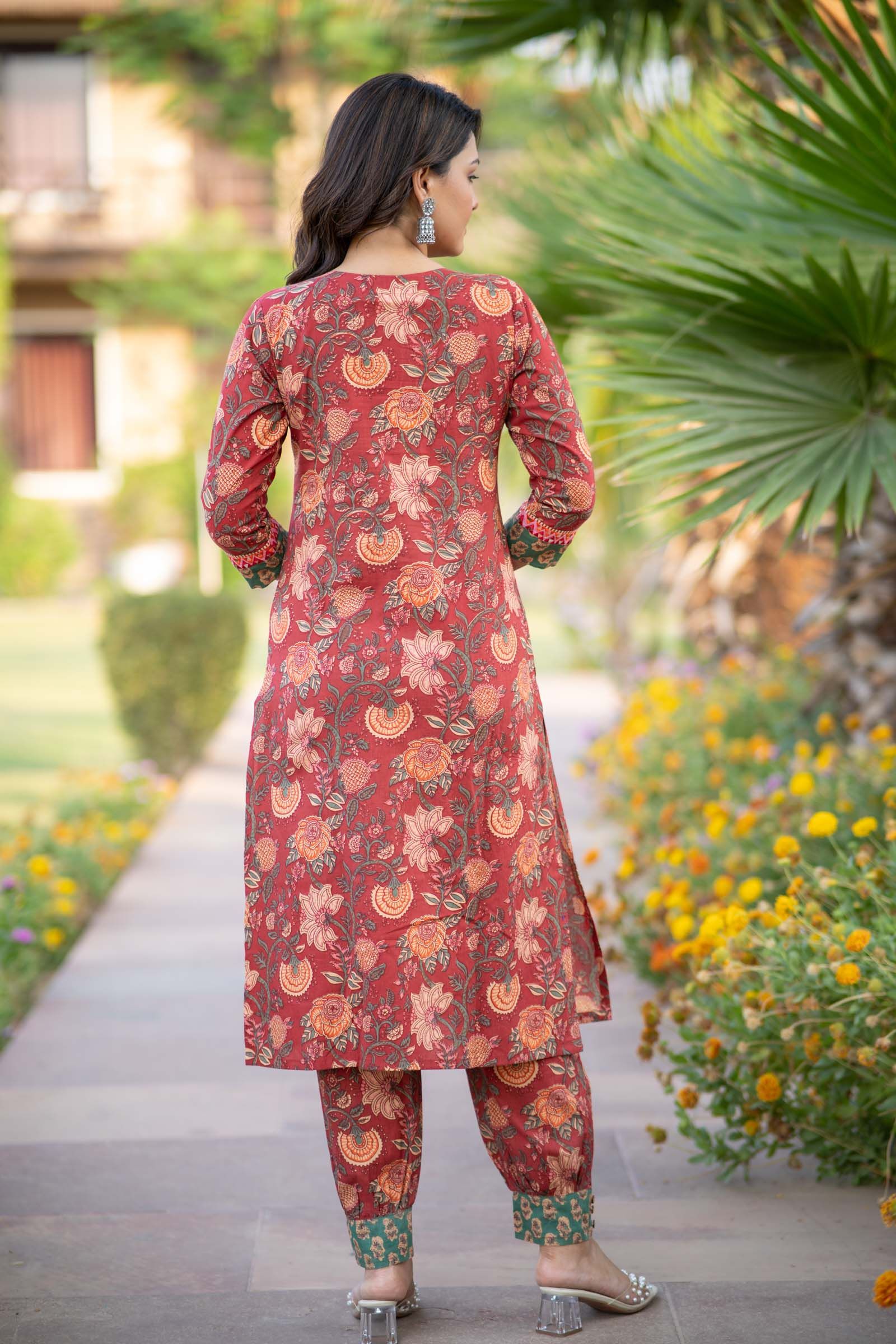 Red Floral Kurta Set