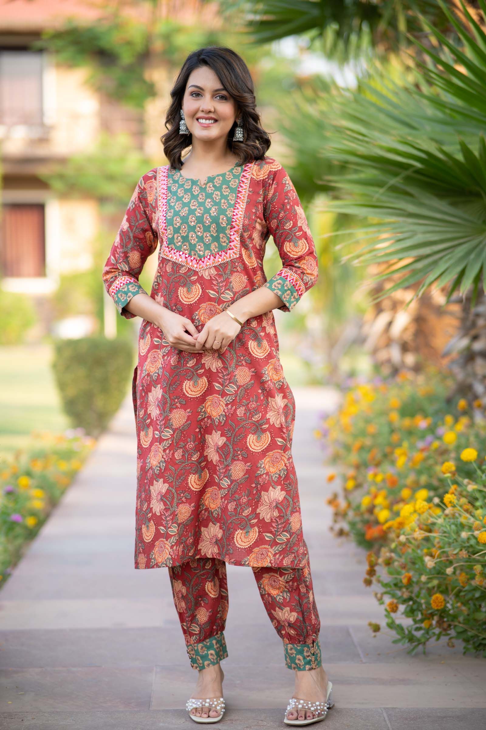 Red Floral Kurta Set