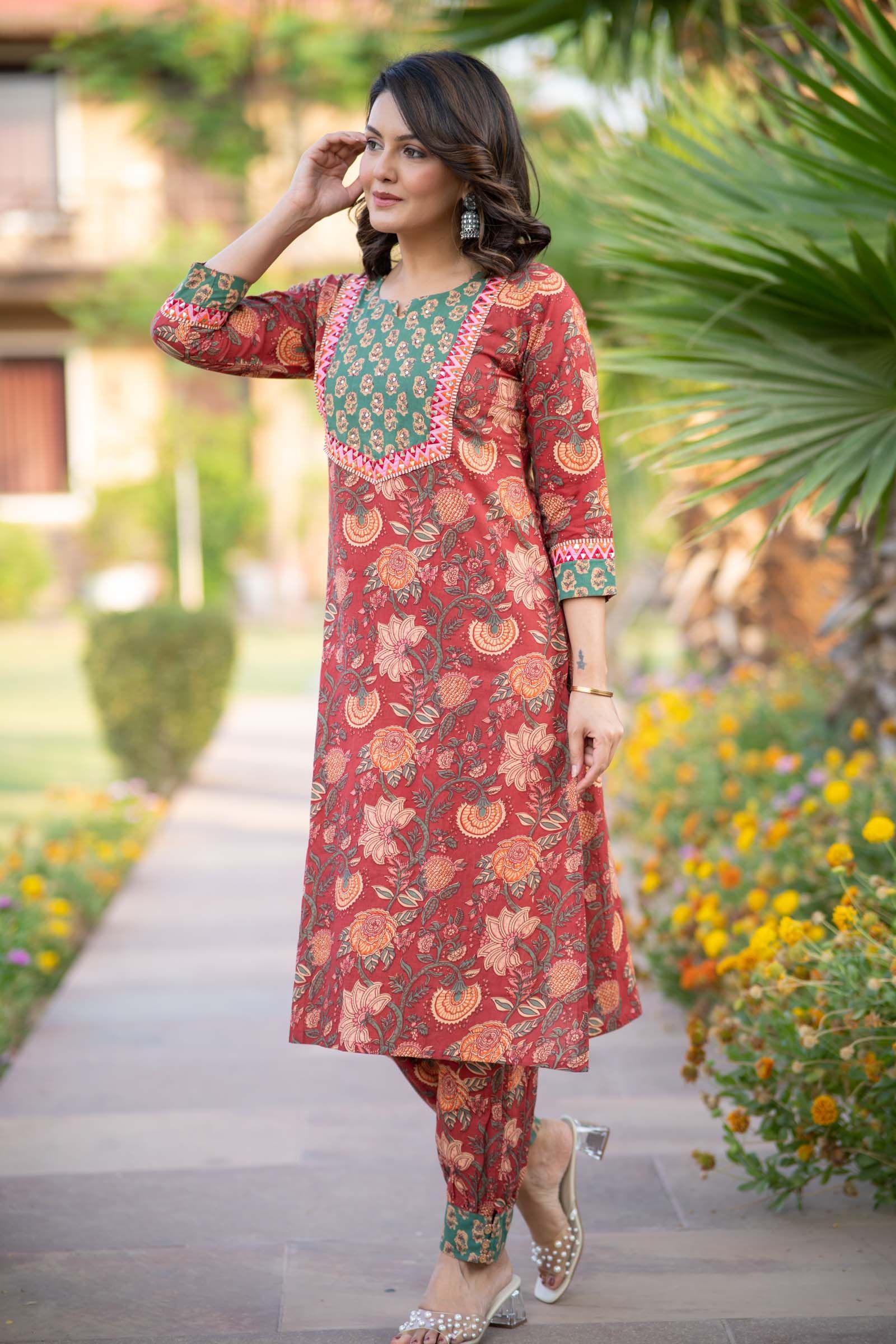 Red Floral Kurta Set