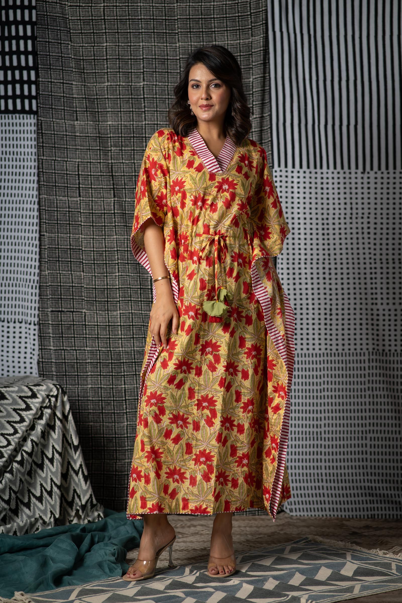 Red Yellow Block Print Long Kaftan