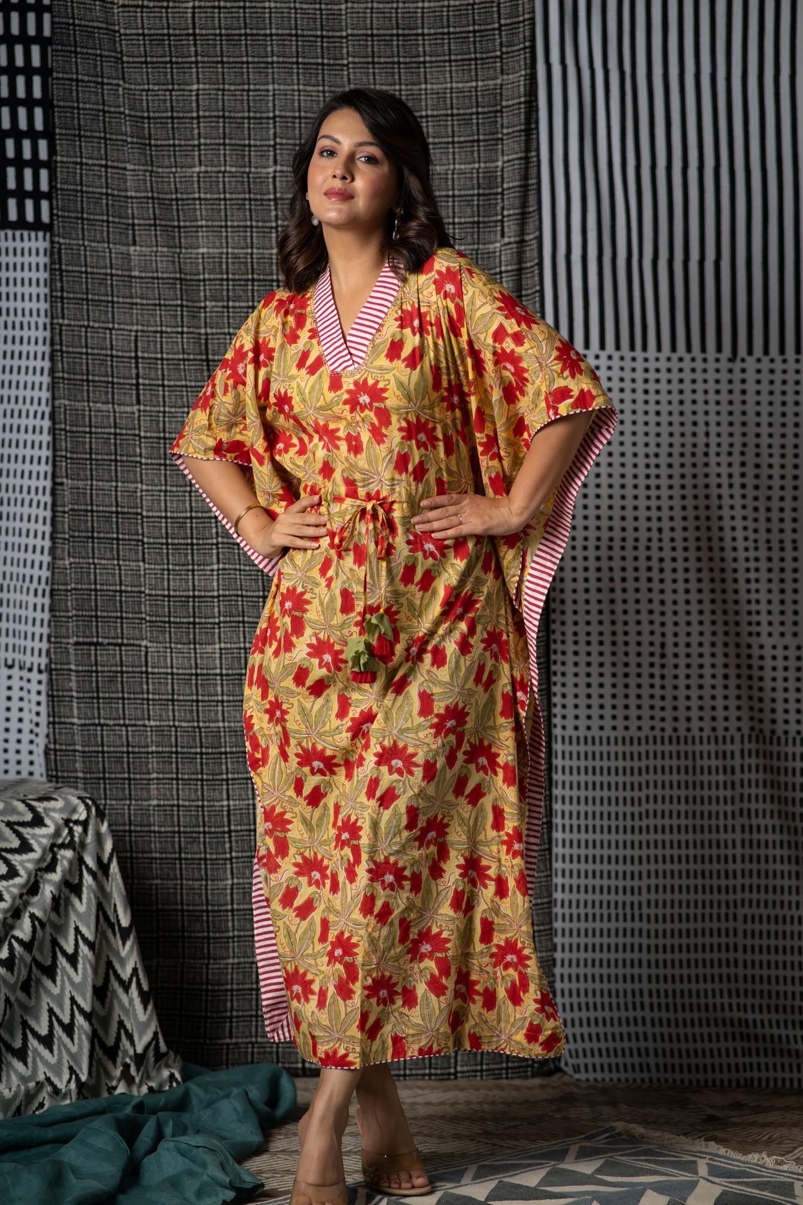 Red Yellow Block Print Long Kaftan