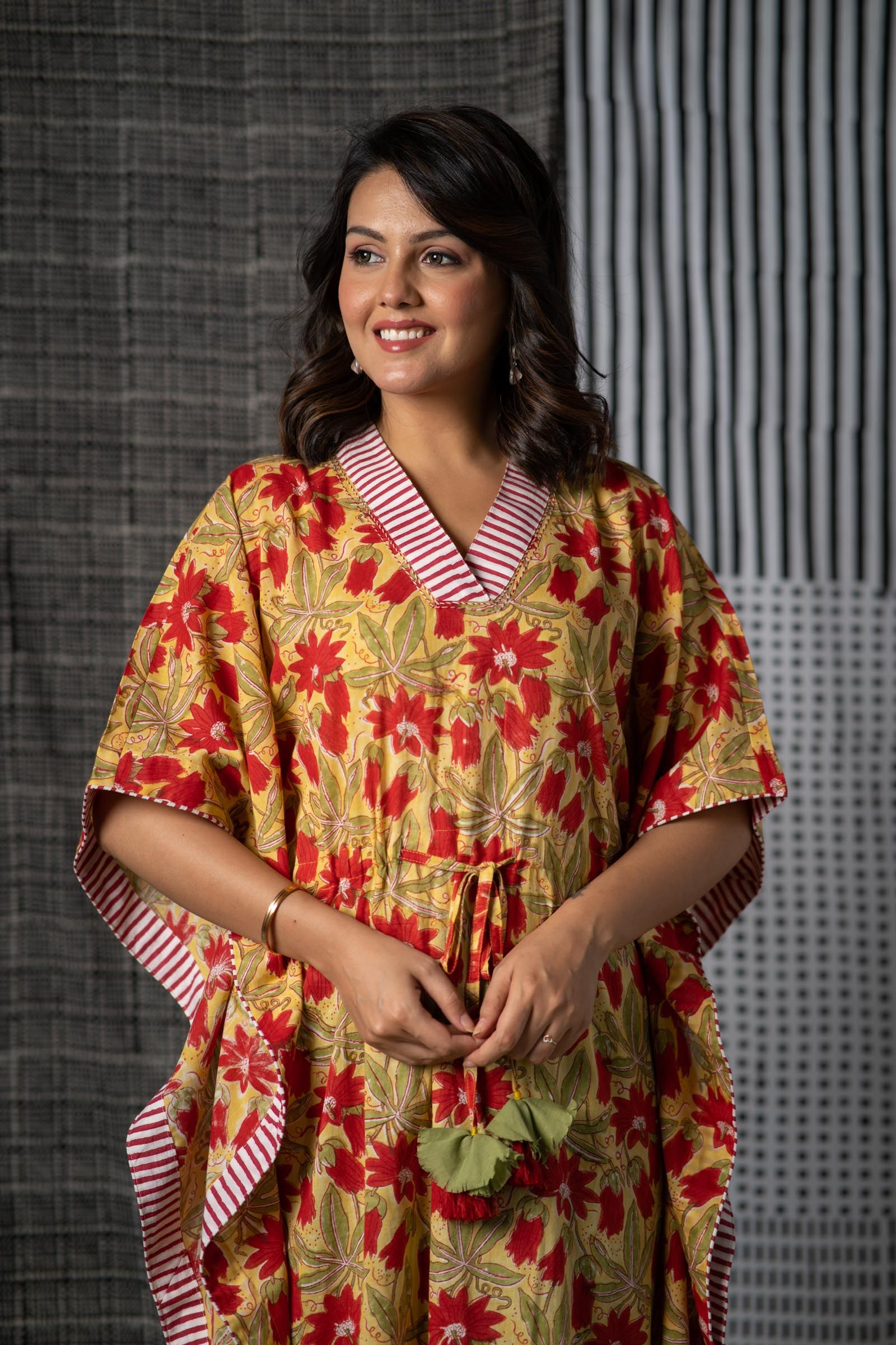 Red Yellow Block Print Long Kaftan