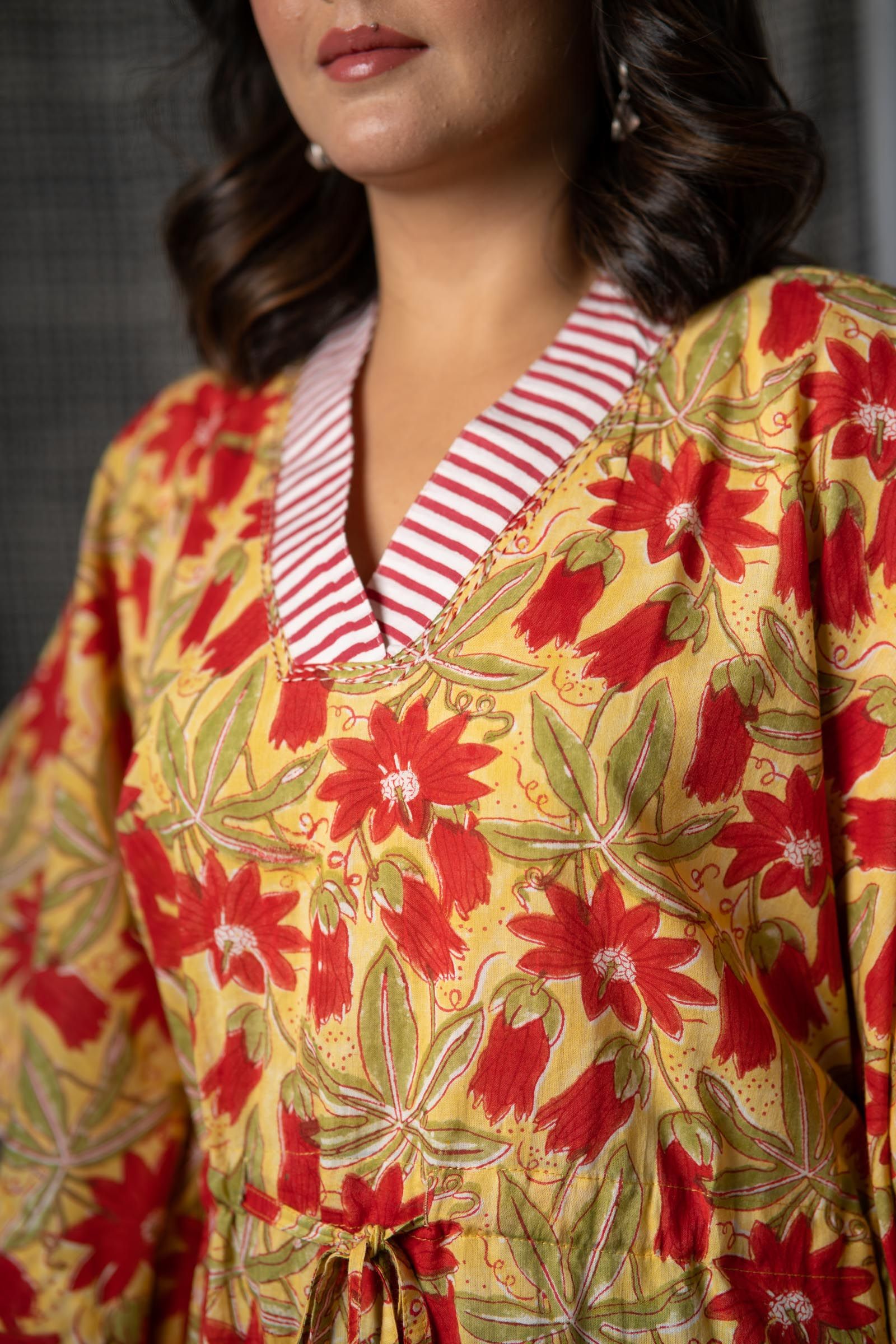 Red Yellow Block Print Long Kaftan