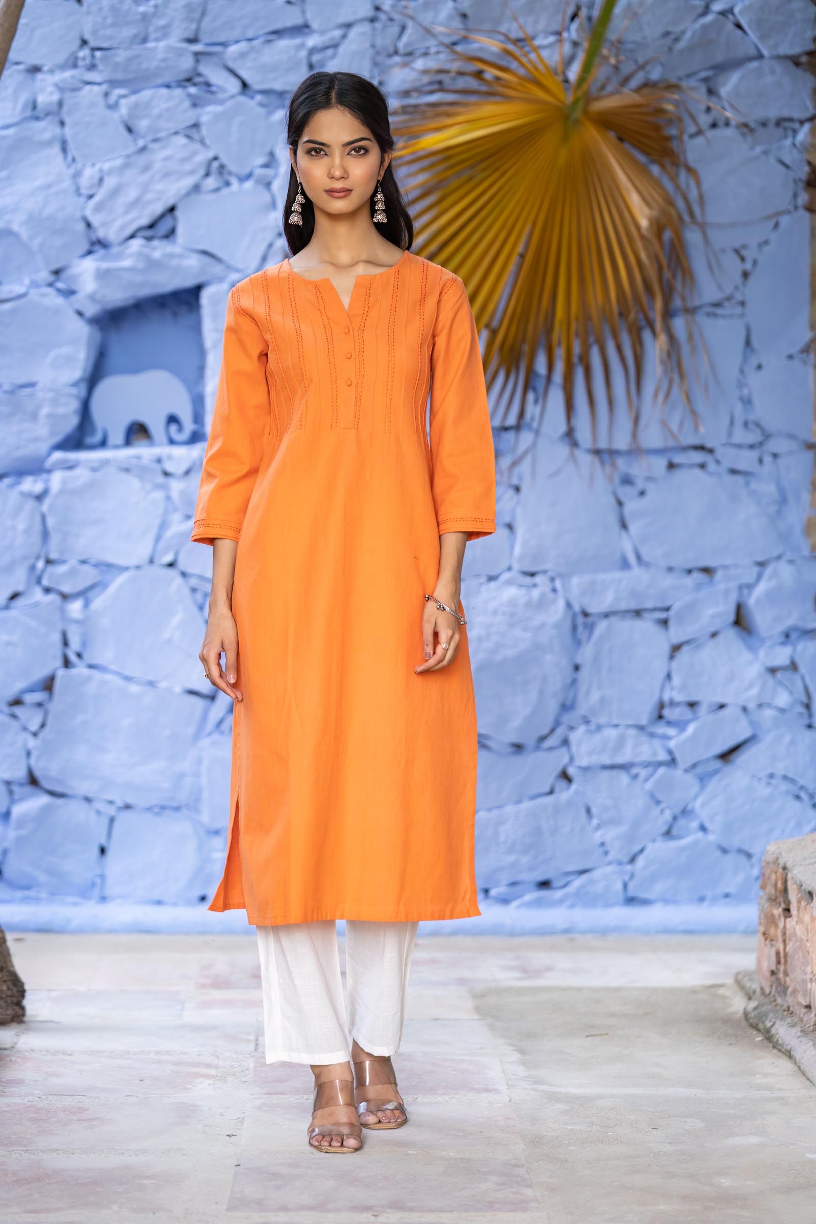 Orange Khari Cotton Kantha Kurta Set