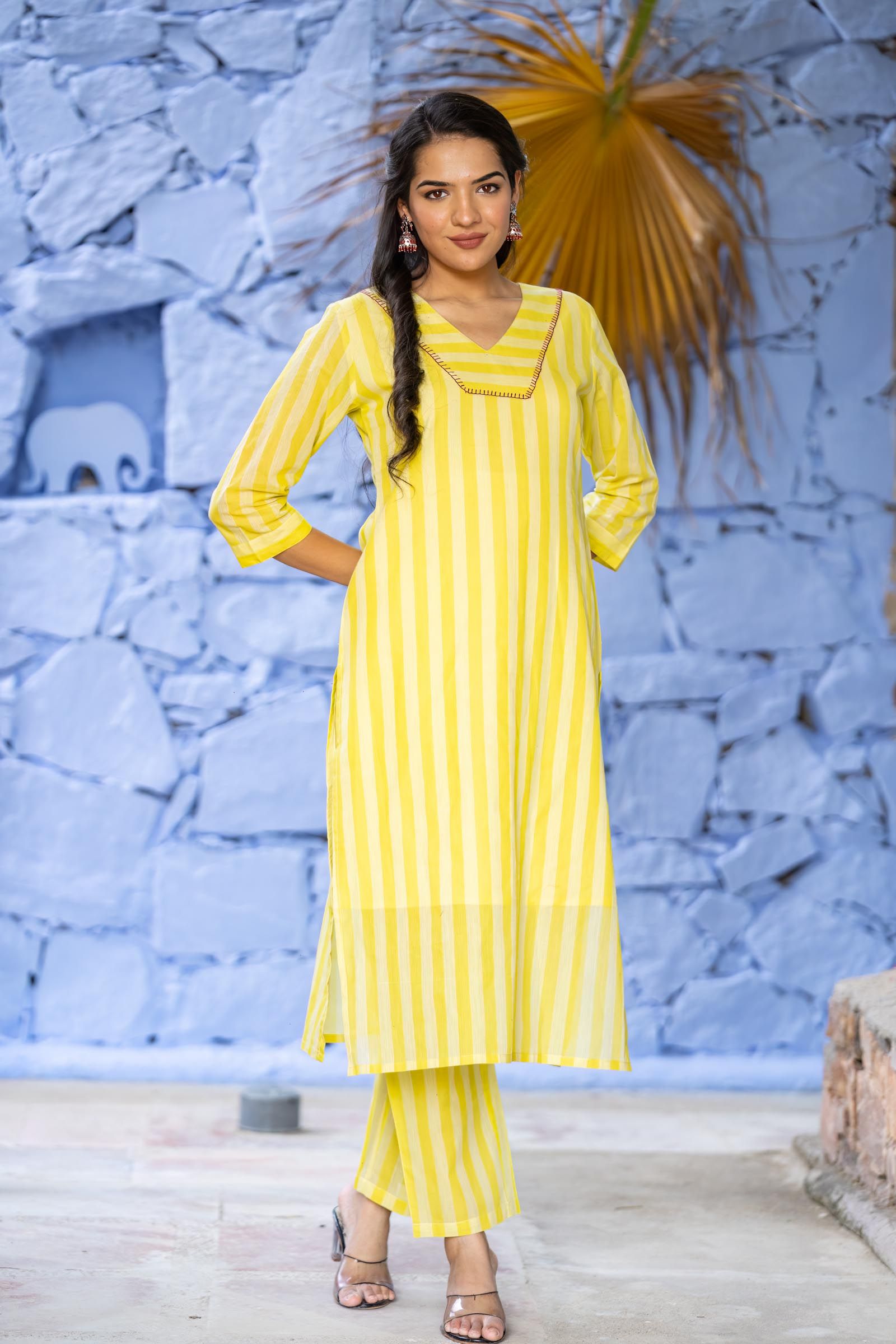 Yellow Striped Khari Cotton Kurta Set