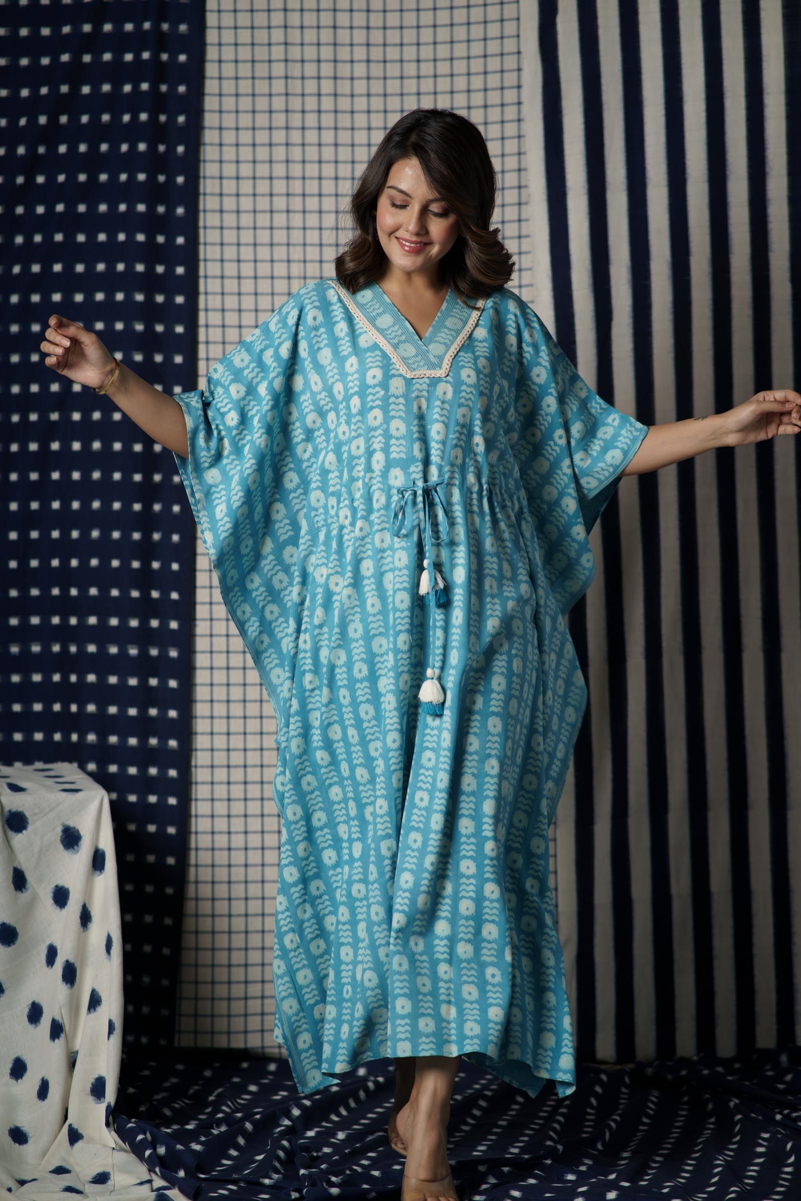 Blue Block Printed Ecovera Kaftan