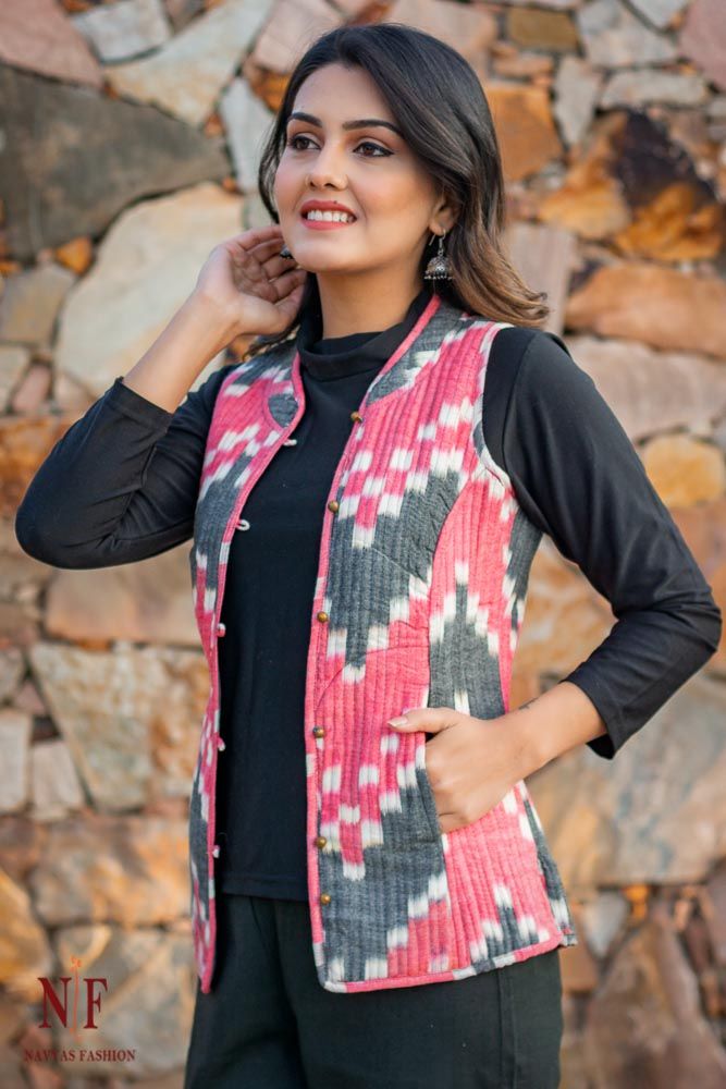 Red Ikat Reversible Cotton Quilted Short Jacket