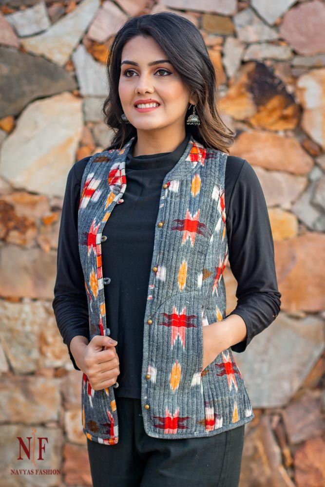 Grey Ikat Reversible Cotton Quilted Sleeveless Jacket